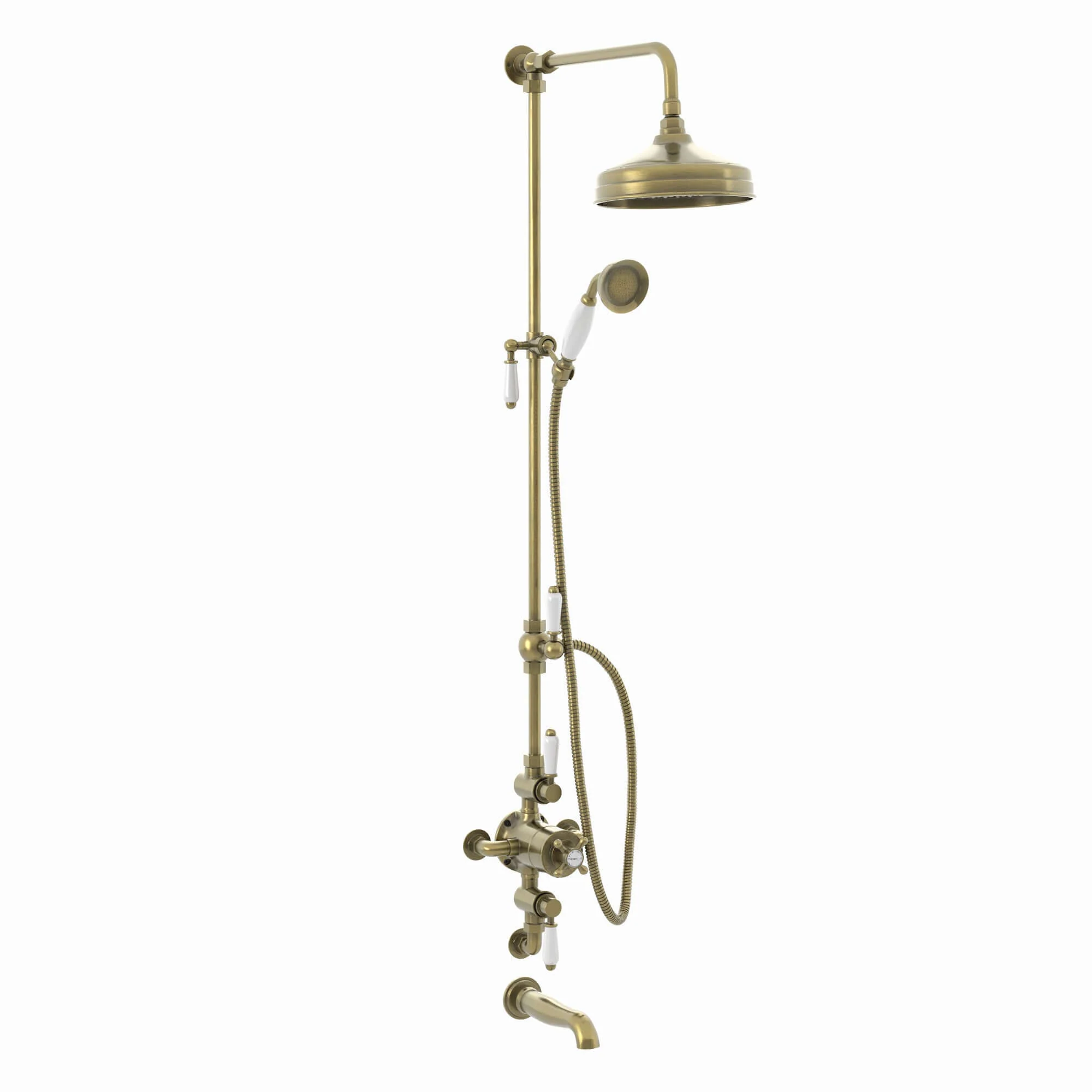 Downton Exposed Traditional Thermostatic Shower Set 3 Outlet, Incl. Triple Shower Valve, Rigid Riser Rail, 200mm Shower Head, Handset & Bath Filler - Antique Brass - Image 6