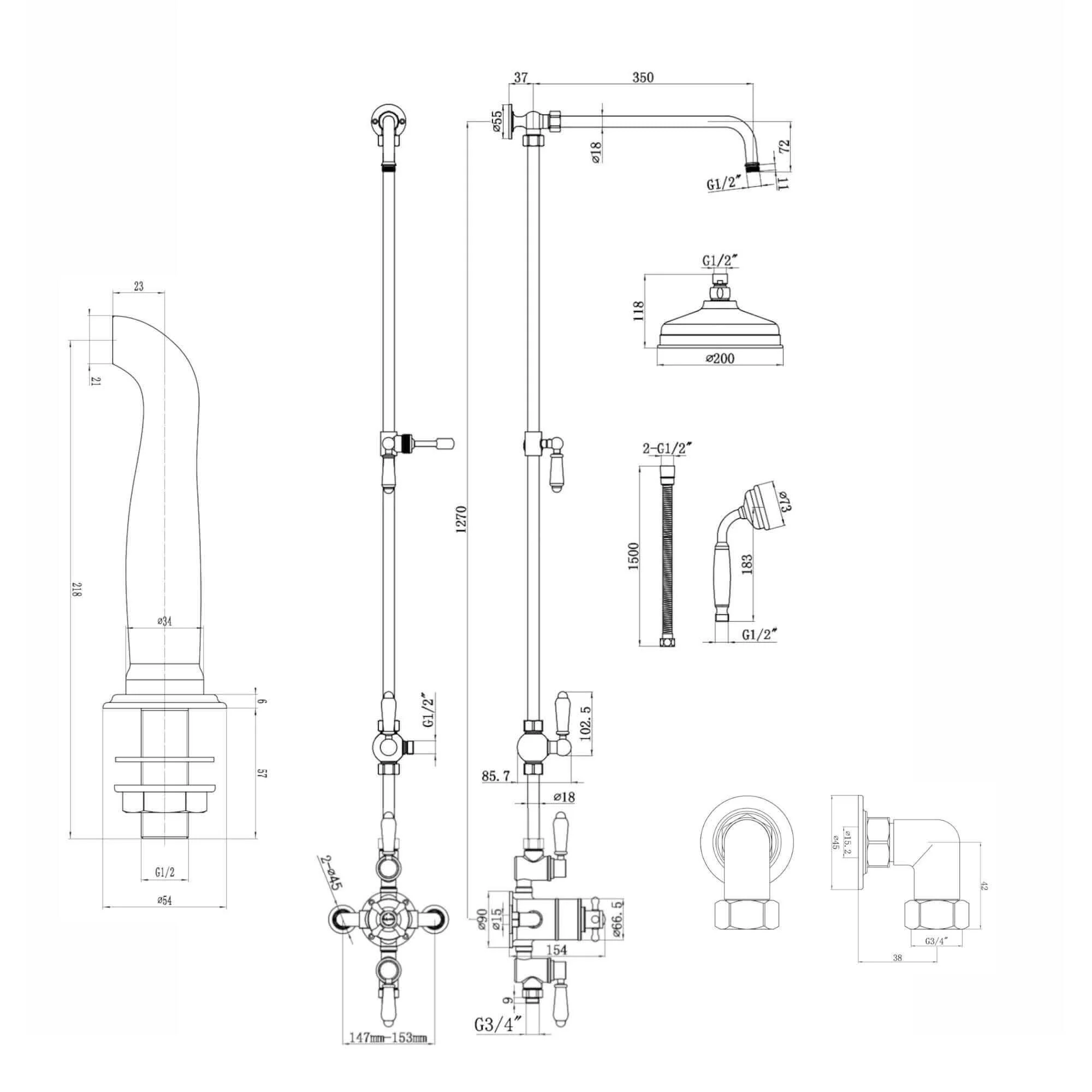 Downton Exposed Traditional Thermostatic Shower Set 3 Outlet, Incl. Triple Shower Valve, Rigid Riser Rail, 200mm Shower Head, Handset & Bath Filler - Gold - Image 7