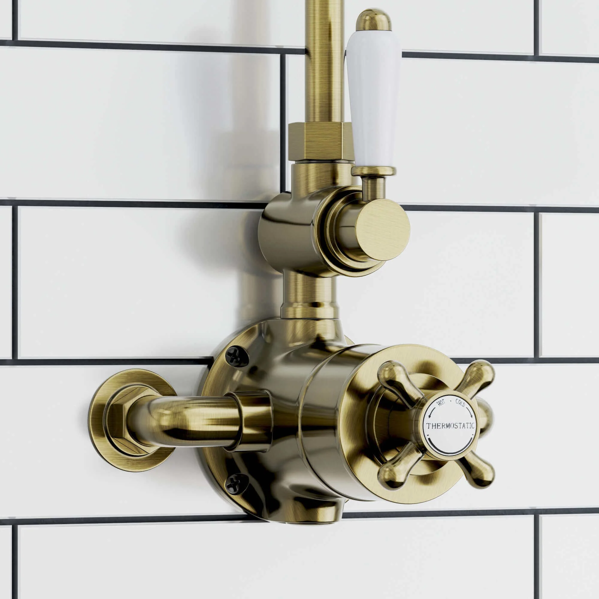 Downton Exposed Traditional Thermostatic Shower Set Single Outlet Incl. Twin Shower Valve, Rigid Riser Rail, 150mm Shower Head - Antique Brass - Image 3