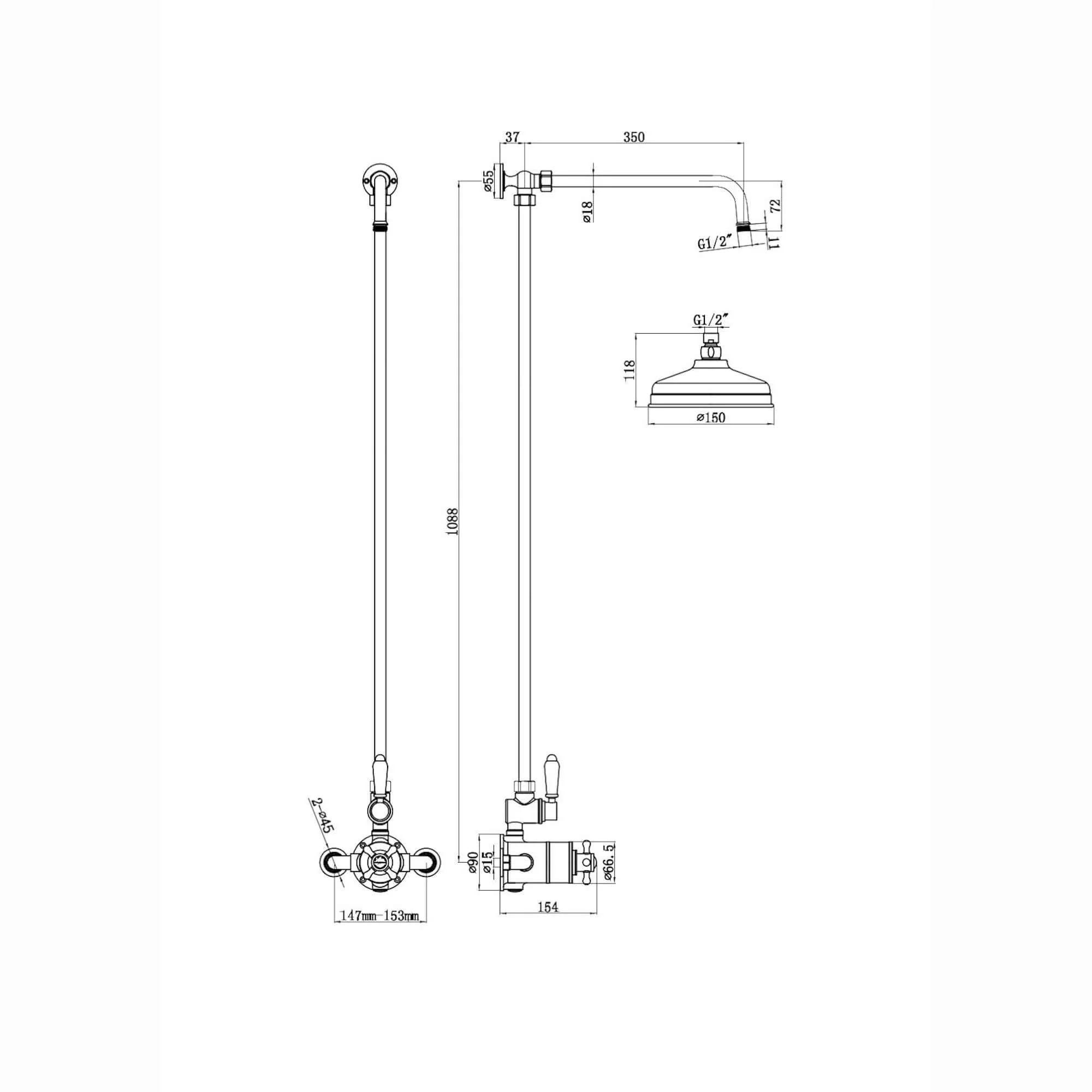 Downton Exposed Traditional Thermostatic Shower Set Single Outlet Incl. Twin Shower Valve, Rigid Riser Rail, 150mm Shower Head - Chrome - Image 6