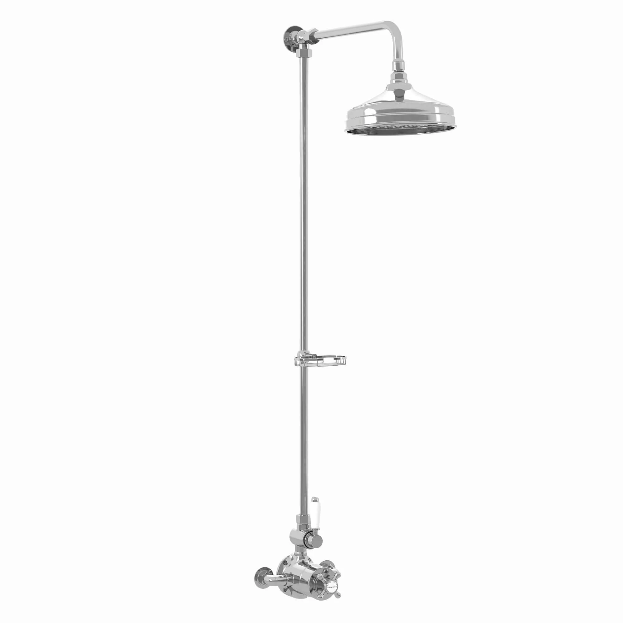 Downton Exposed Traditional Thermostatic Shower Set Single Outlet Incl. Twin Shower Valve, Rigid Riser Rail, 200mm Shower Head & Caddy - Chrome - Image 5