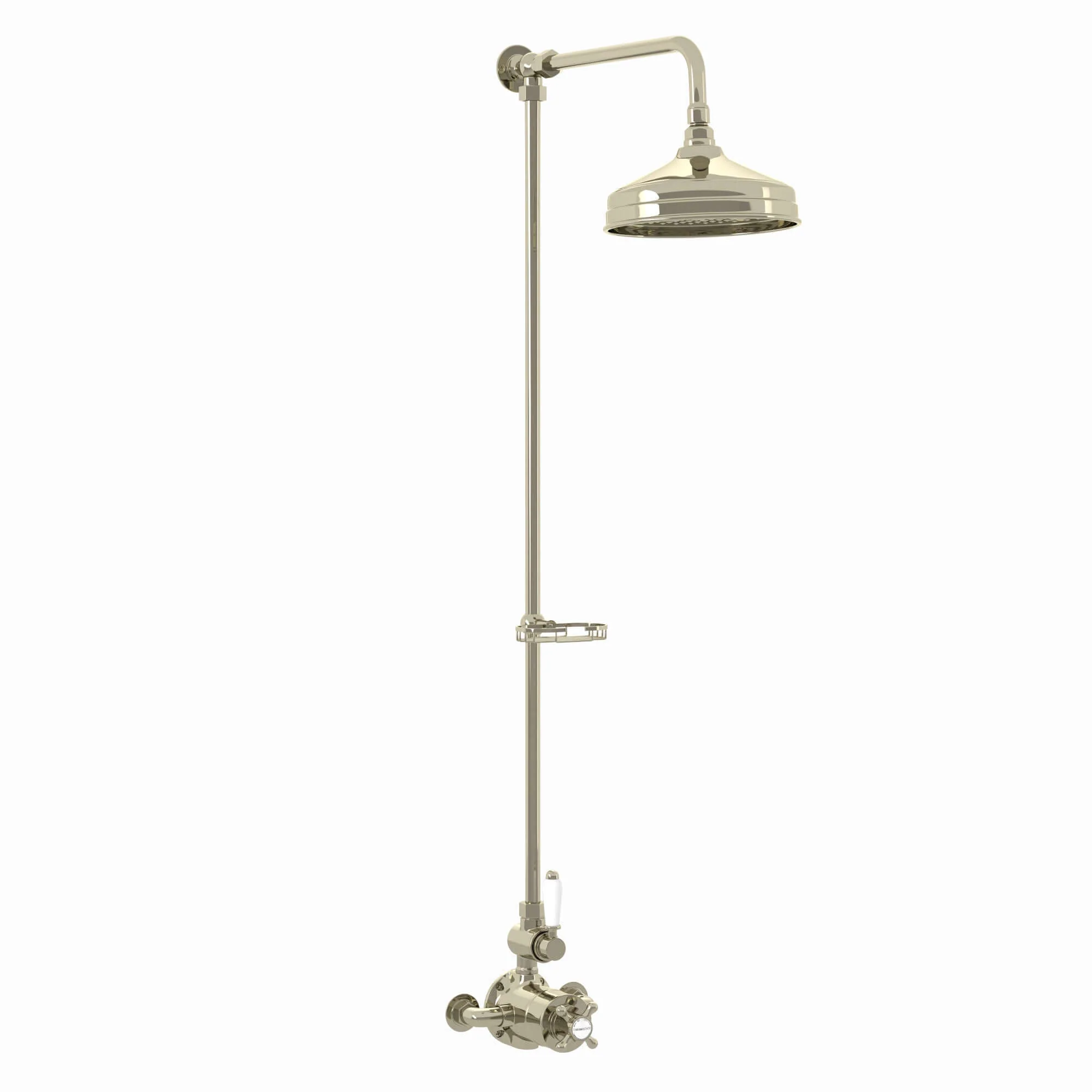 Downton Exposed Traditional Thermostatic Shower Set Single Outlet Incl. Twin Shower Valve, Rigid Riser Rail, 200mm Shower Head & Caddy - Gold - Image 5
