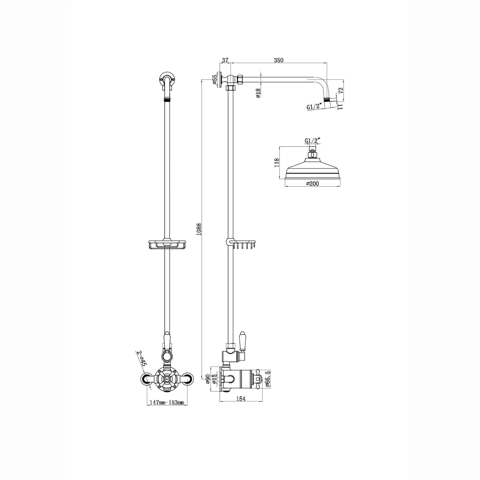 Downton Exposed Traditional Thermostatic Shower Set Single Outlet Incl. Twin Shower Valve, Rigid Riser Rail, 200mm Shower Head & Caddy - Gold - Image 6