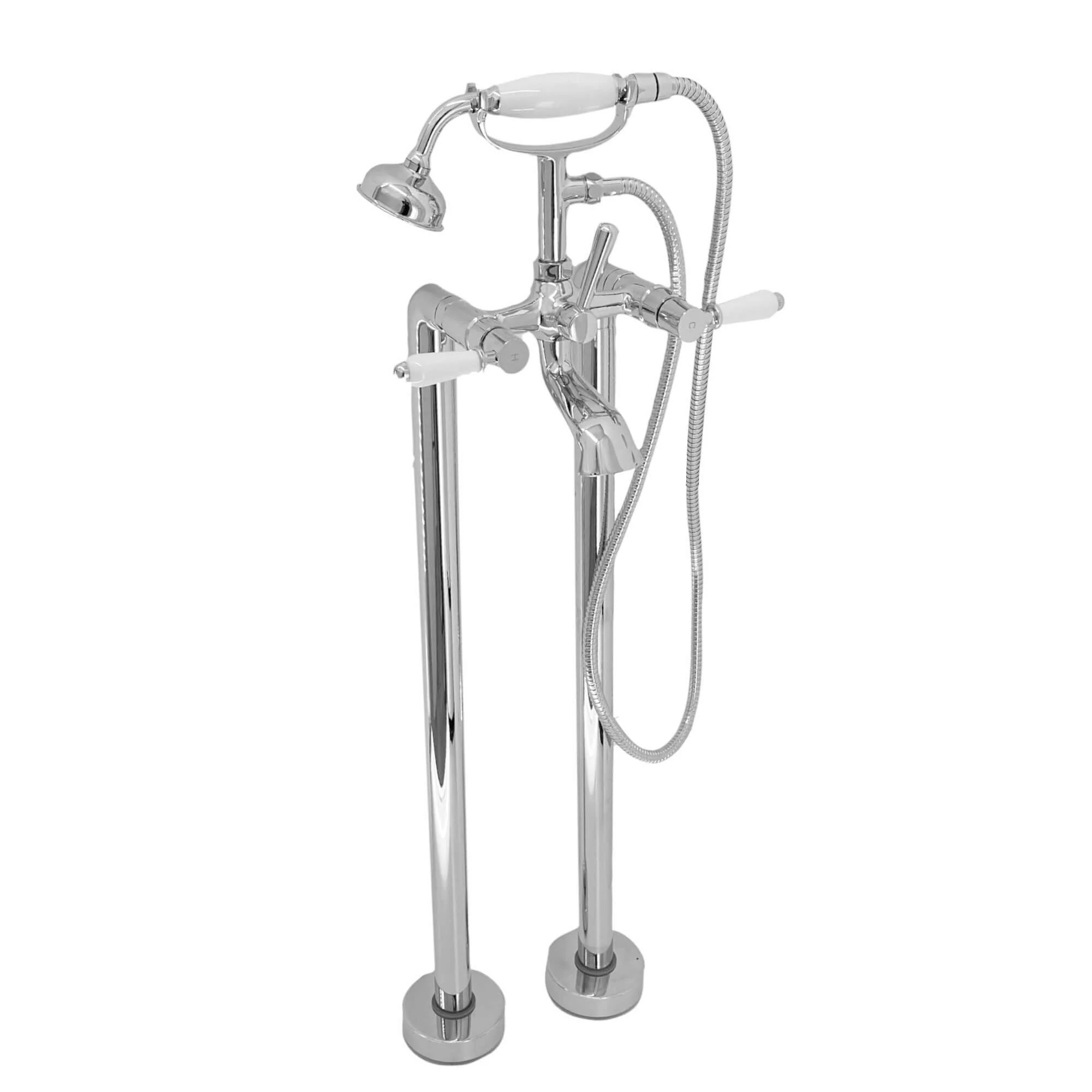Downton floorstanding bath shower mixer tap with white ceramic levers - chrome - Image 2