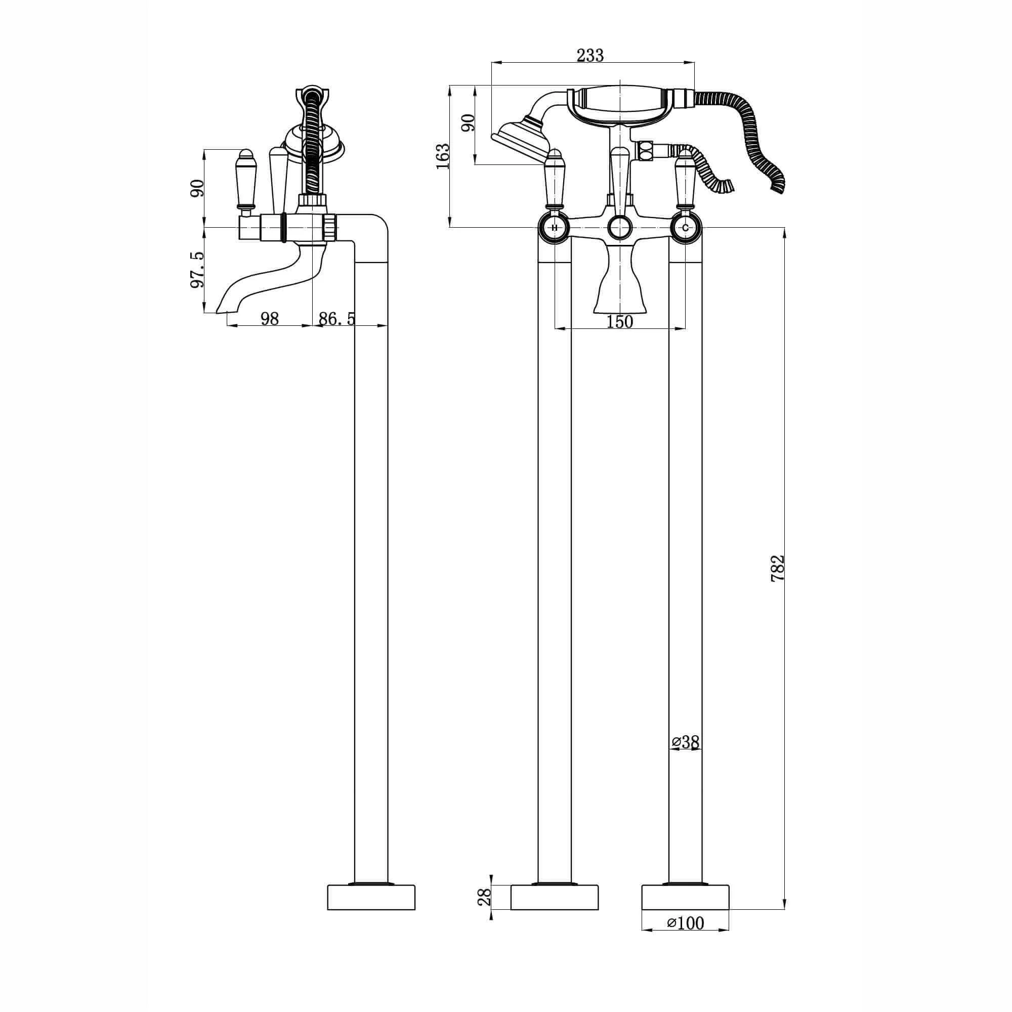 Downton floorstanding bath shower mixer tap with white ceramic levers - chrome - Image 3