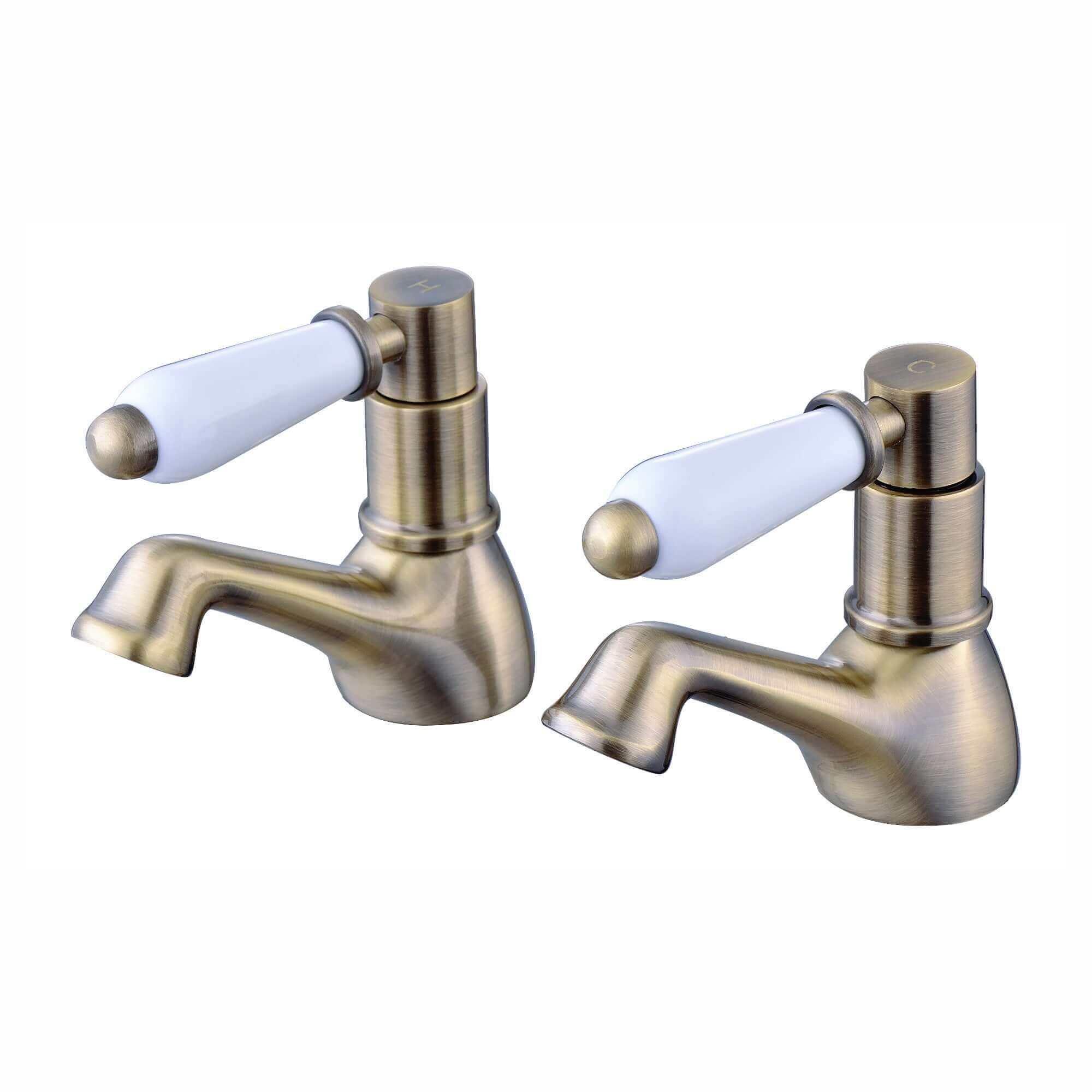 Downton hot and cold basin taps with white ceramic levers - antique brass