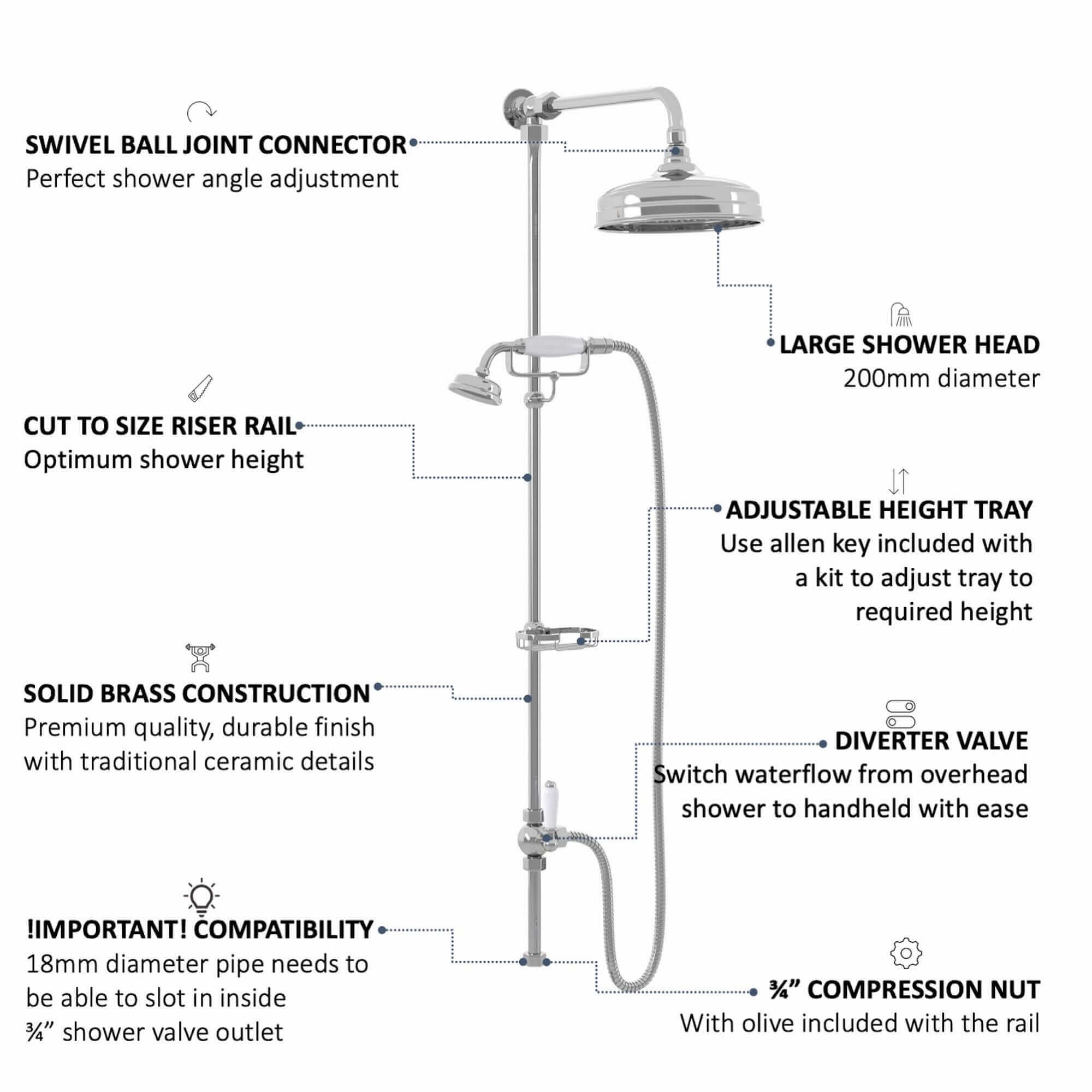 Downton traditional shower riser rail kit 2 outlet soap dish watercan head 200mm - chrome - Image 6