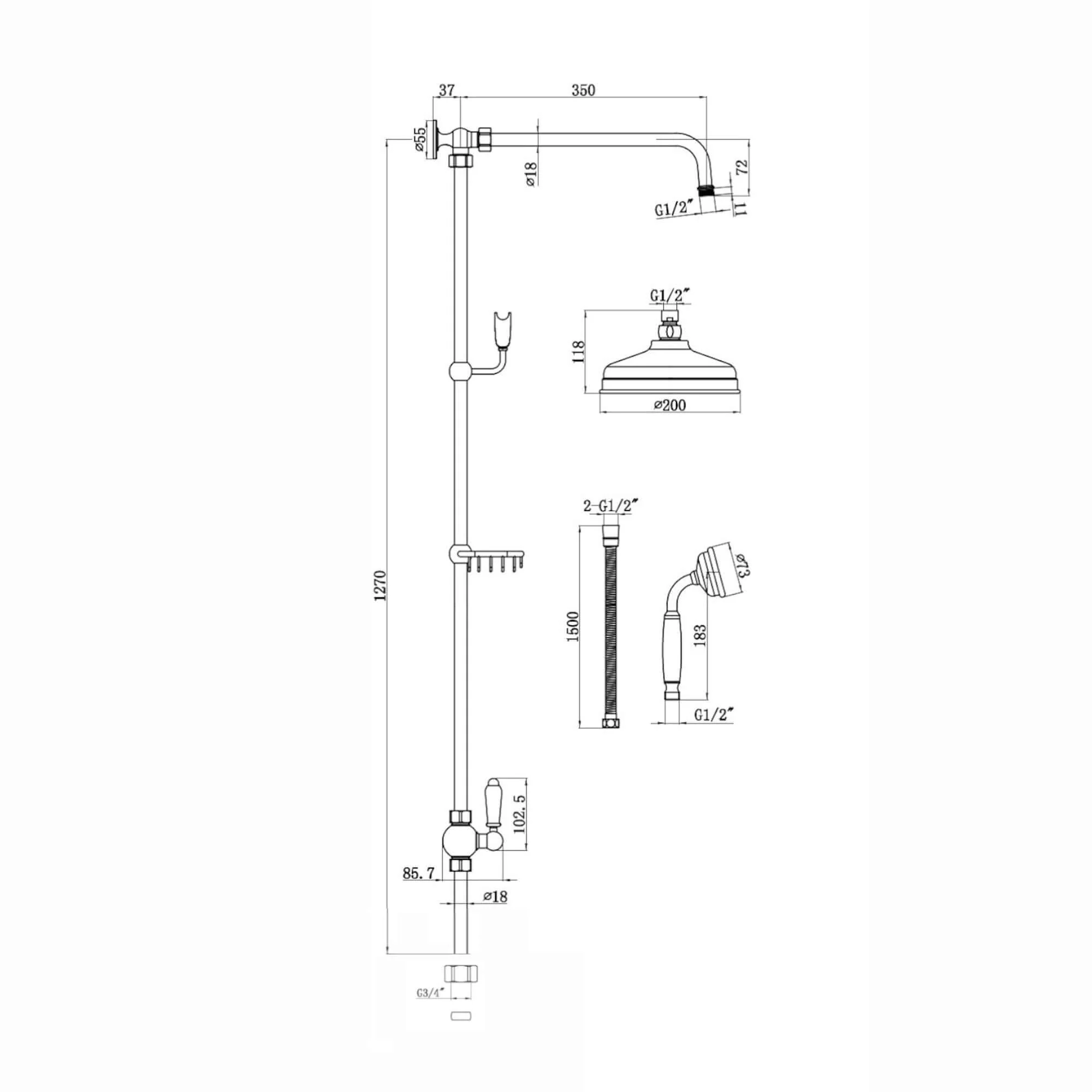 Downton traditional shower riser rail kit 2 outlet soap dish watercan head 200mm - chrome - Image 7