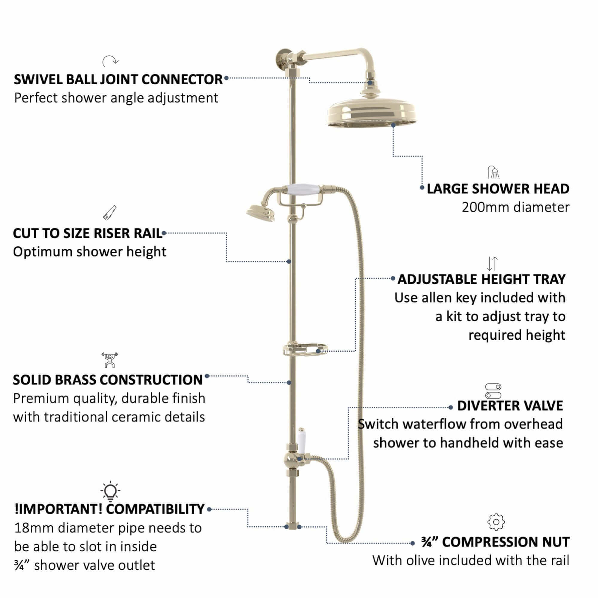 Downton traditional shower riser rail kit 2 outlet soap dish watercan head 200mm - gold - Image 6