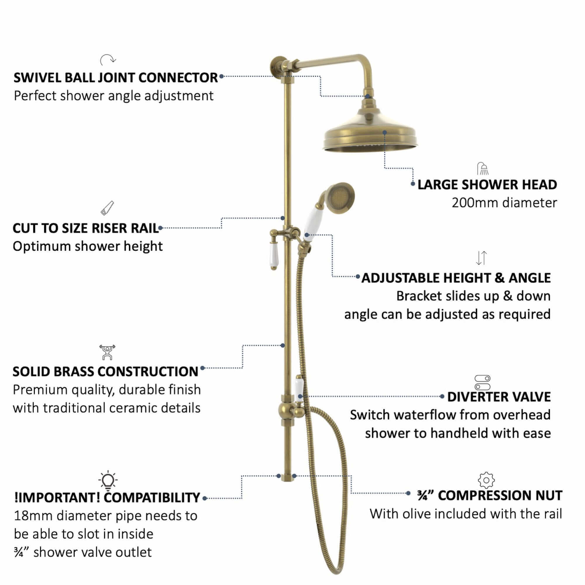 Downton traditional shower riser rail kit 2 outlet watercan head 200mm - antique brass - Image 7
