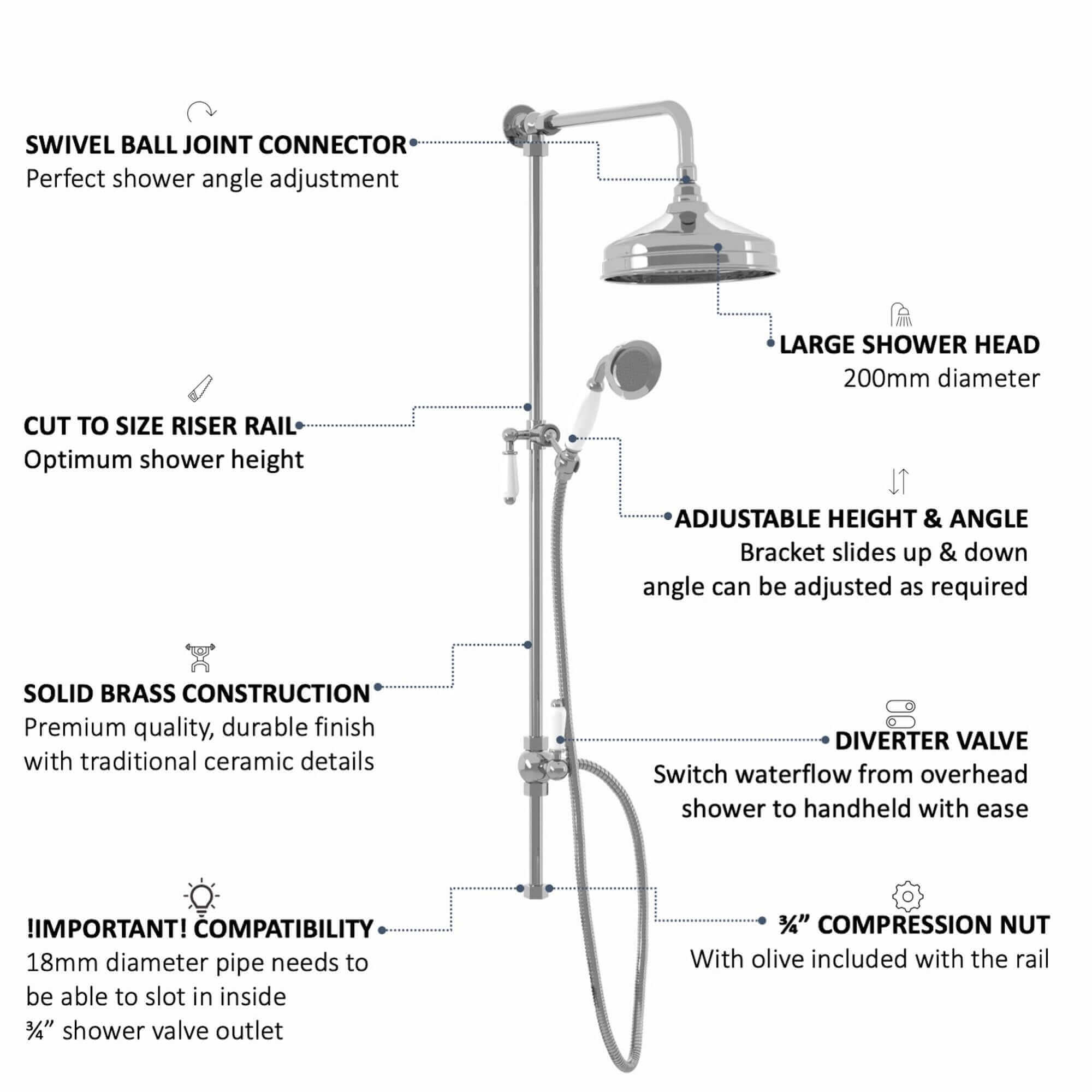 Downton traditional shower riser rail kit 2 outlet watercan head 200mm - chrome - Image 7