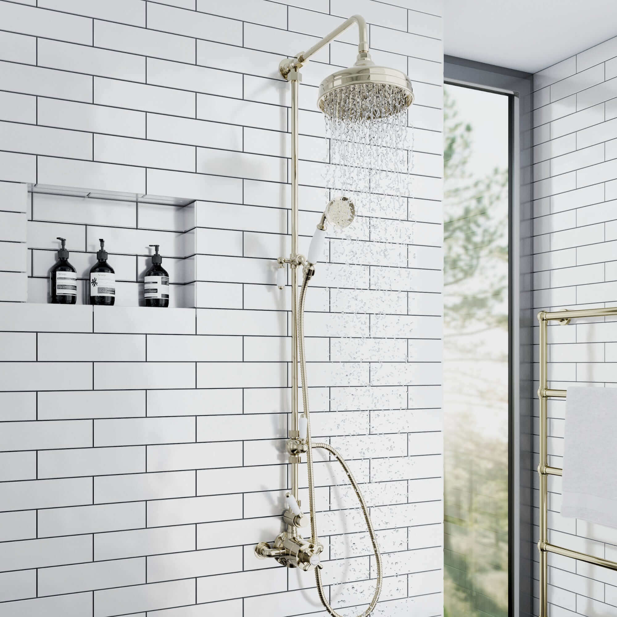 Downton traditional shower riser rail kit 2 outlet watercan head 200mm - gold - Image 5