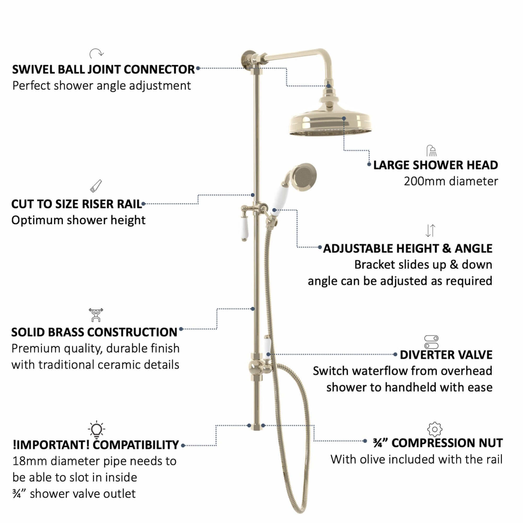 Downton traditional shower riser rail kit 2 outlet watercan head 200mm - gold - Image 7