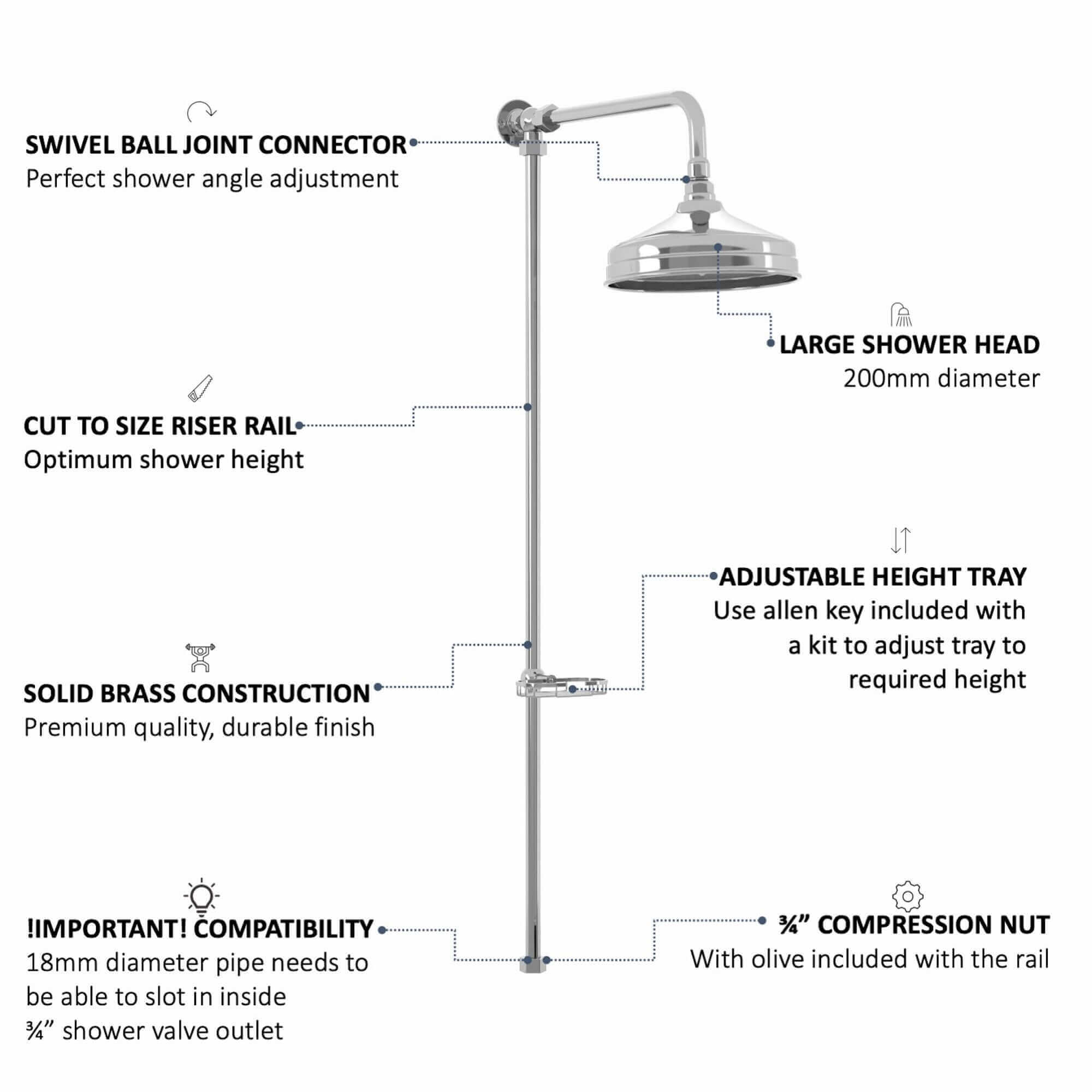 Downton traditional shower riser rail kit with soap dish watercan head 200mm - chrome - Image 4