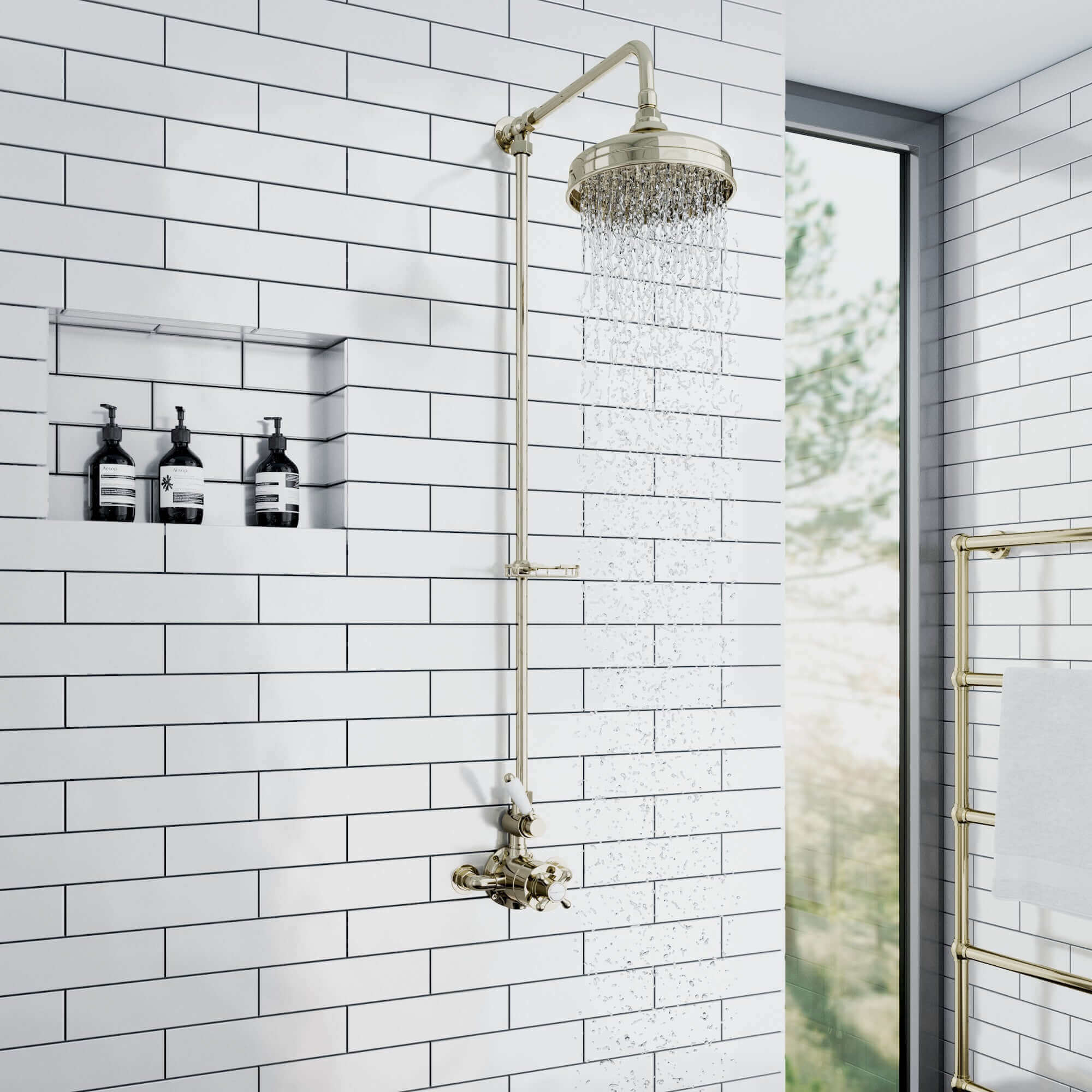 Downton traditional shower riser rail kit with soap dish watercan head 200mm - gold - Image 3
