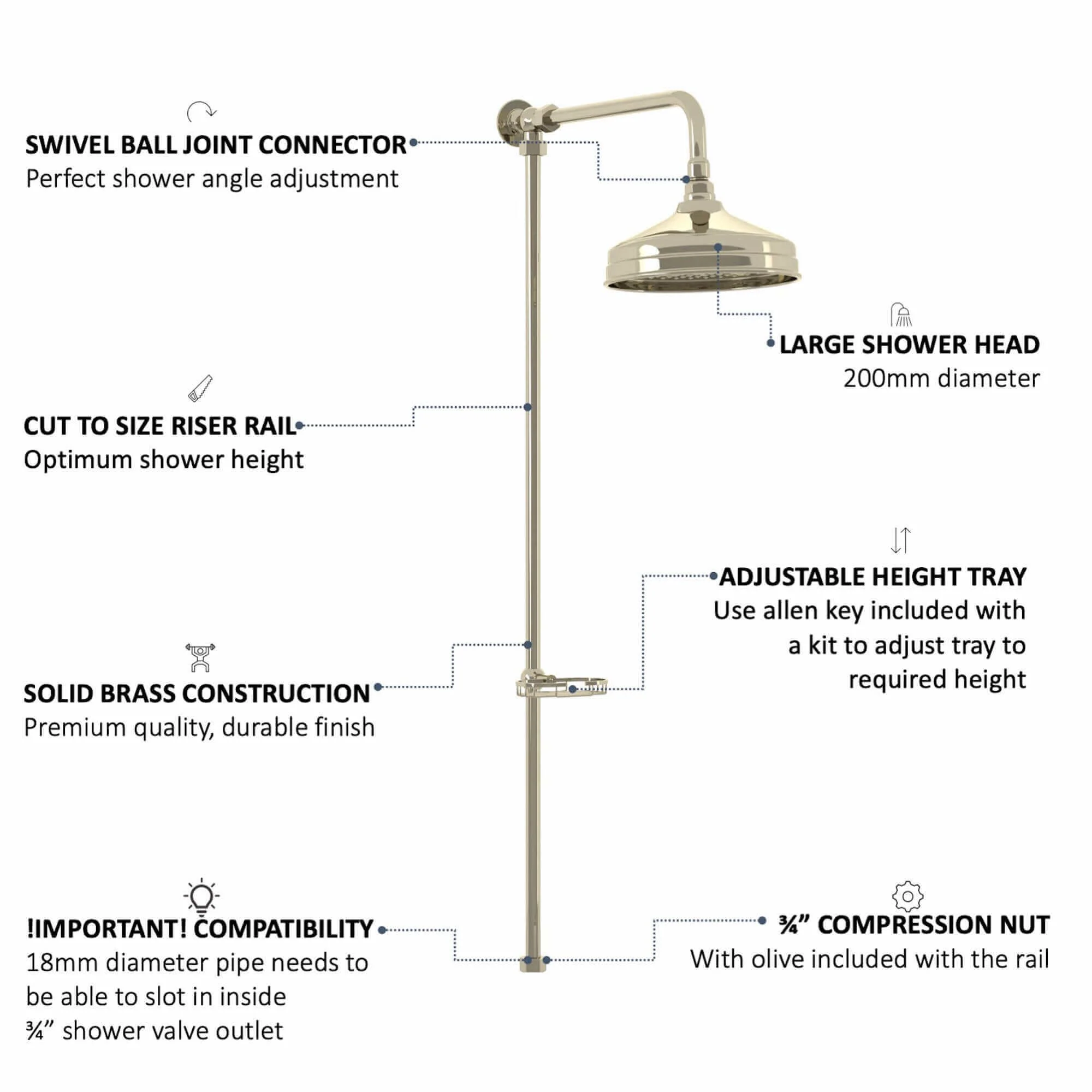 Downton traditional shower riser rail kit with soap dish watercan head 200mm - gold - Image 4