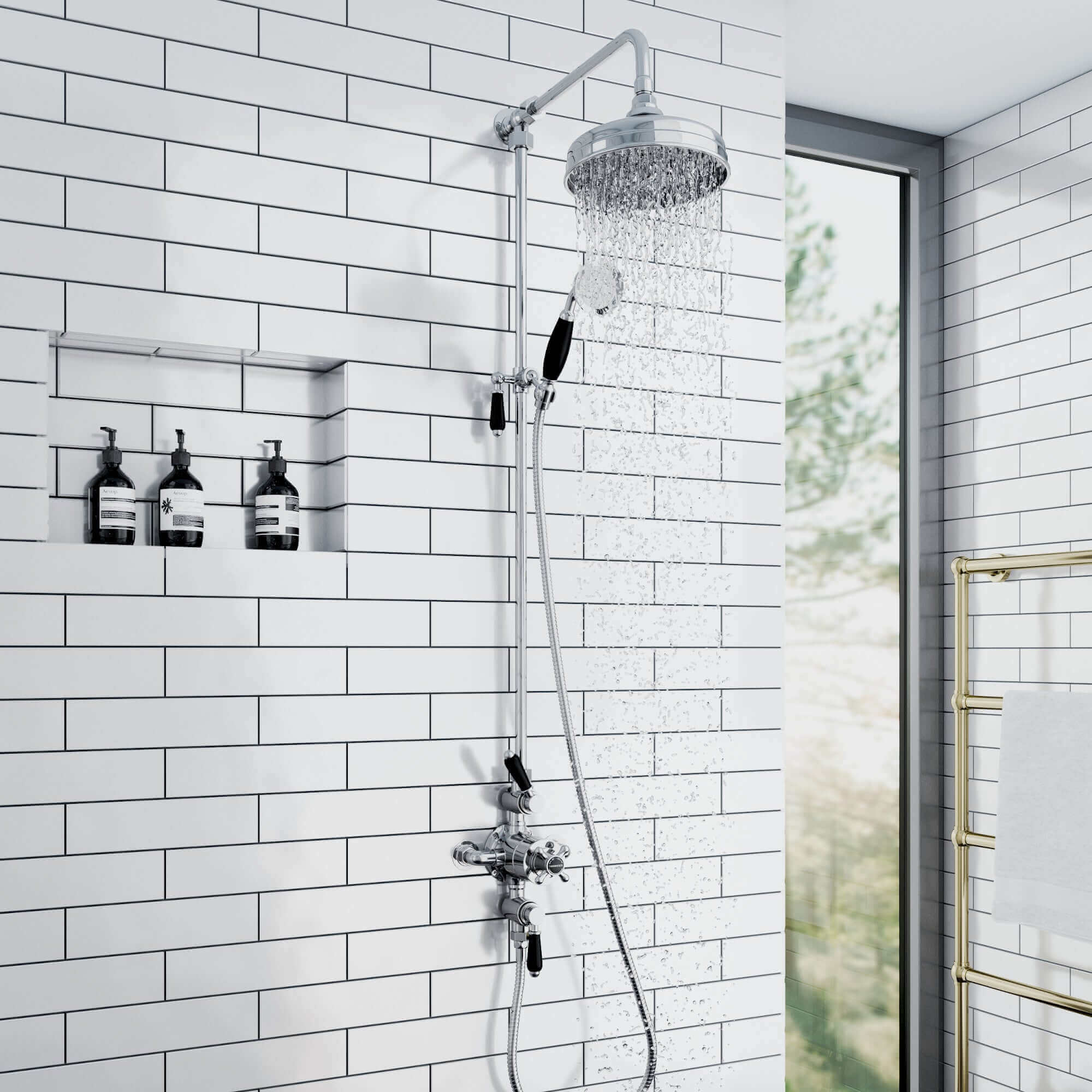 Downton traditional triple thermostatic shower valve two outlet - chrome & black - Image 4