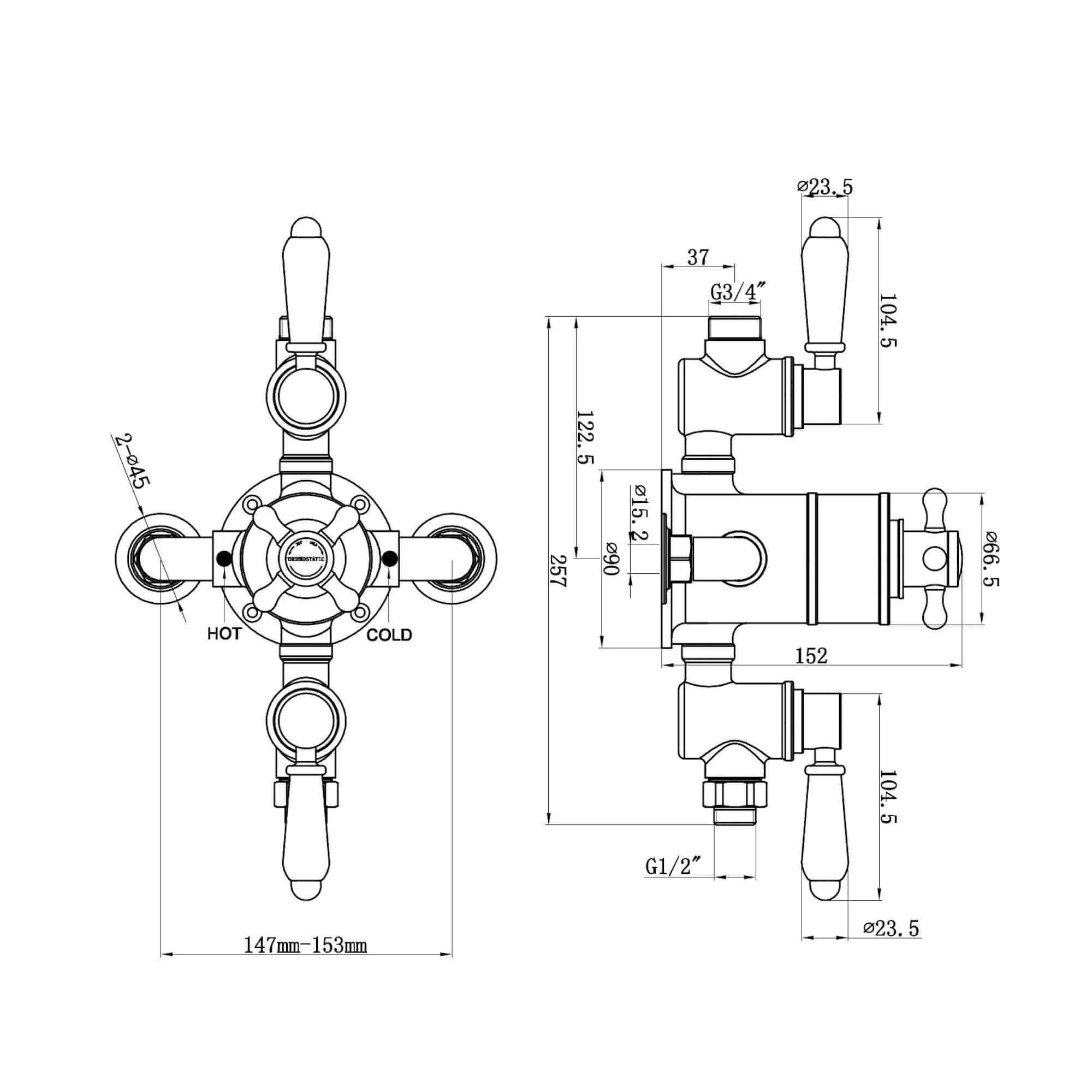 Downton traditional triple thermostatic shower valve two outlet - chrome & black - Image 5