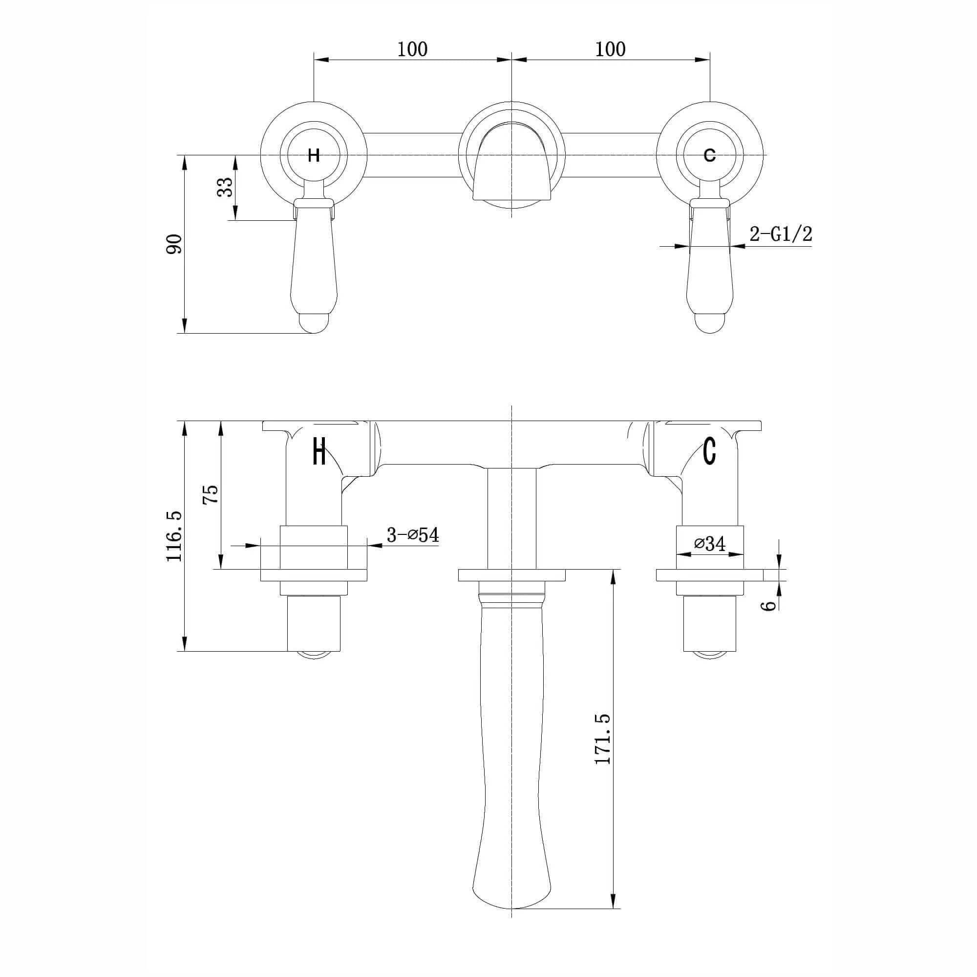 Downton wall-mount basin mixer tap 3 hole with white ceramic levers - antique brass - Image 3