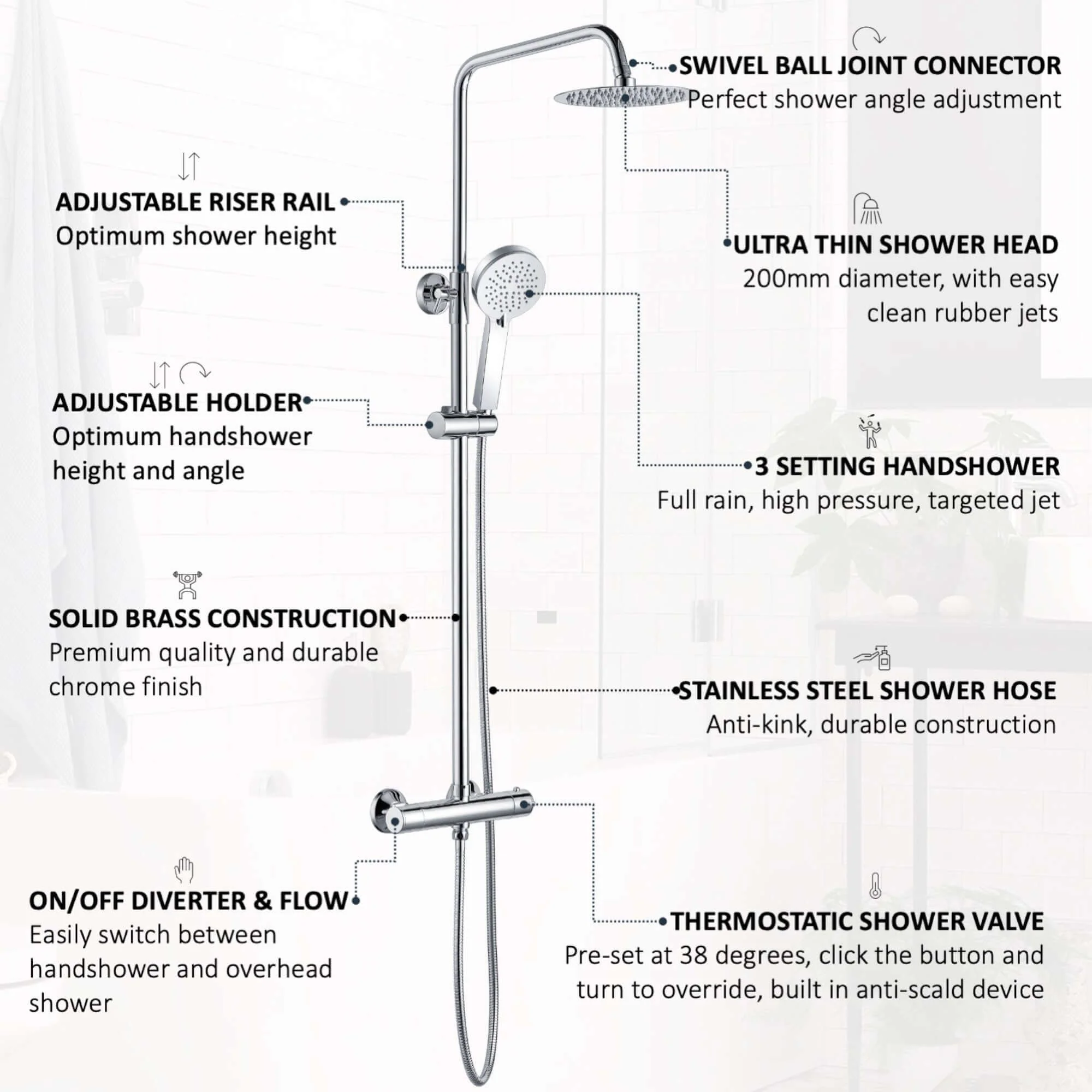 Dune round thermostatic shower set 200mm head & handheld - chrome - Image 6