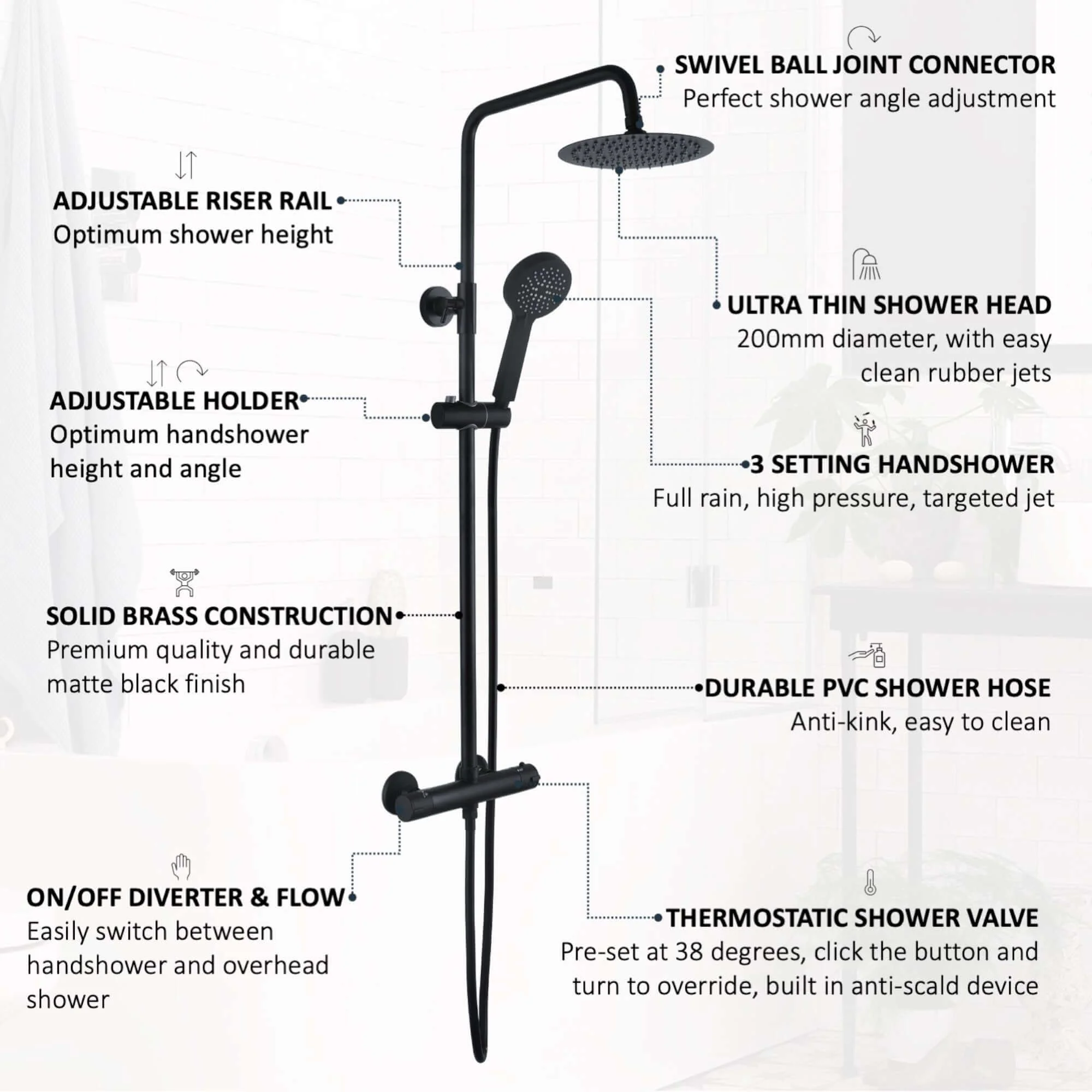 Dune round thermostatic shower set 200mm head & handheld - matt black - Image 5