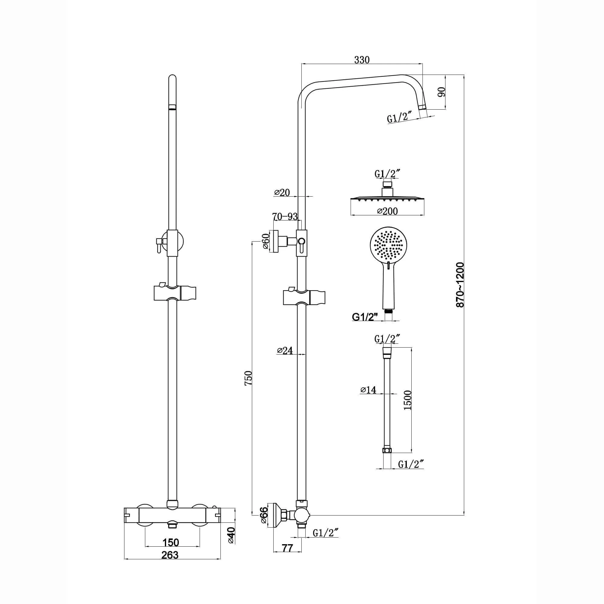 Dune round thermostatic shower set 200mm head & handheld - matt black - Image 6