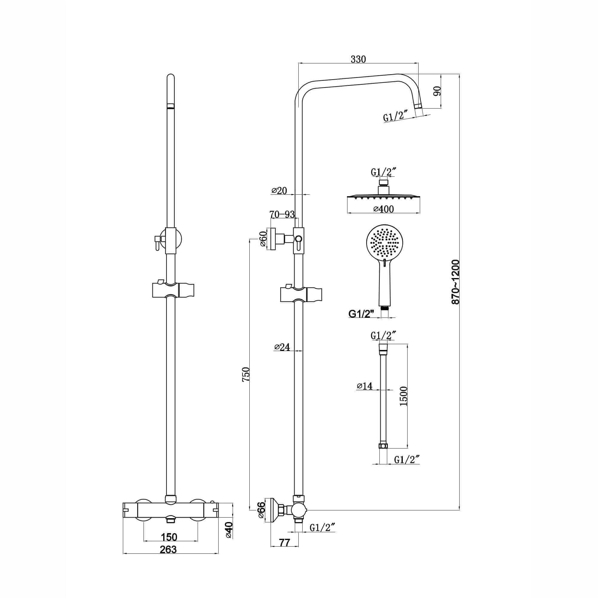 Dune round thermostatic shower set 400mm head & handheld - matt black - Image 6