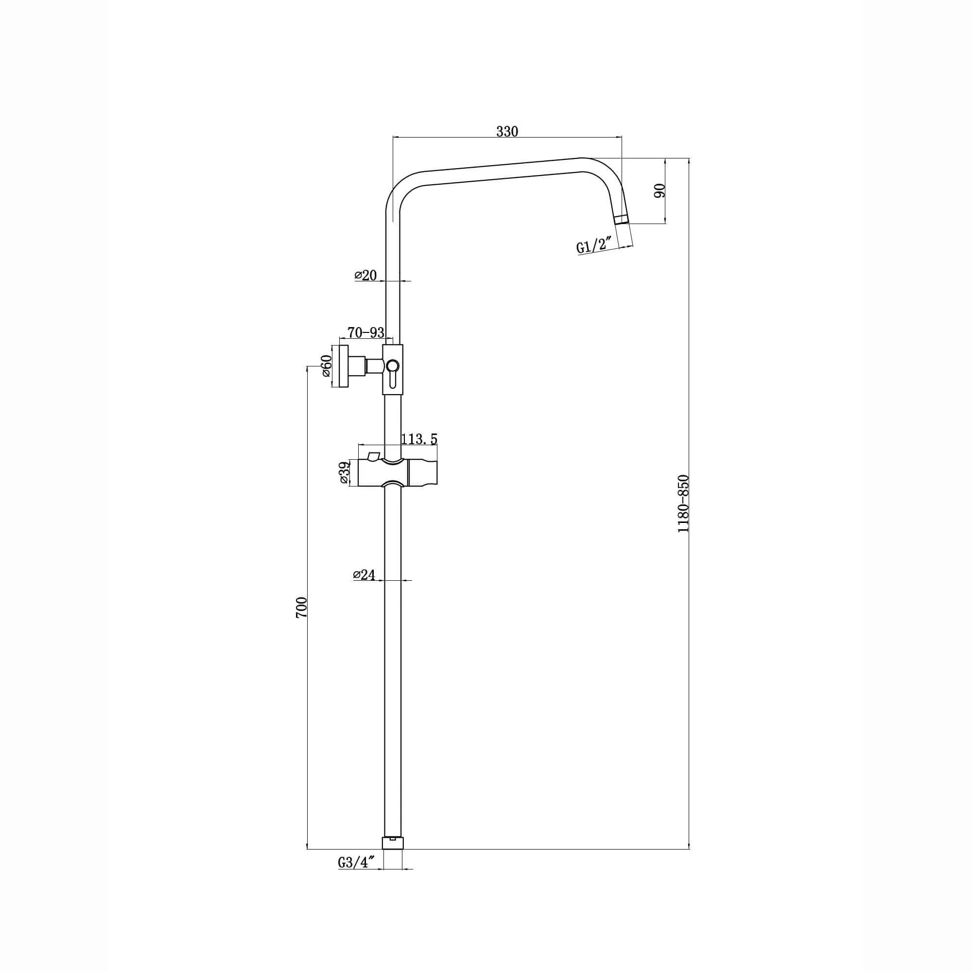 Dune shower adjustable rigid riser rail angled stainless steel - chrome - Image 4