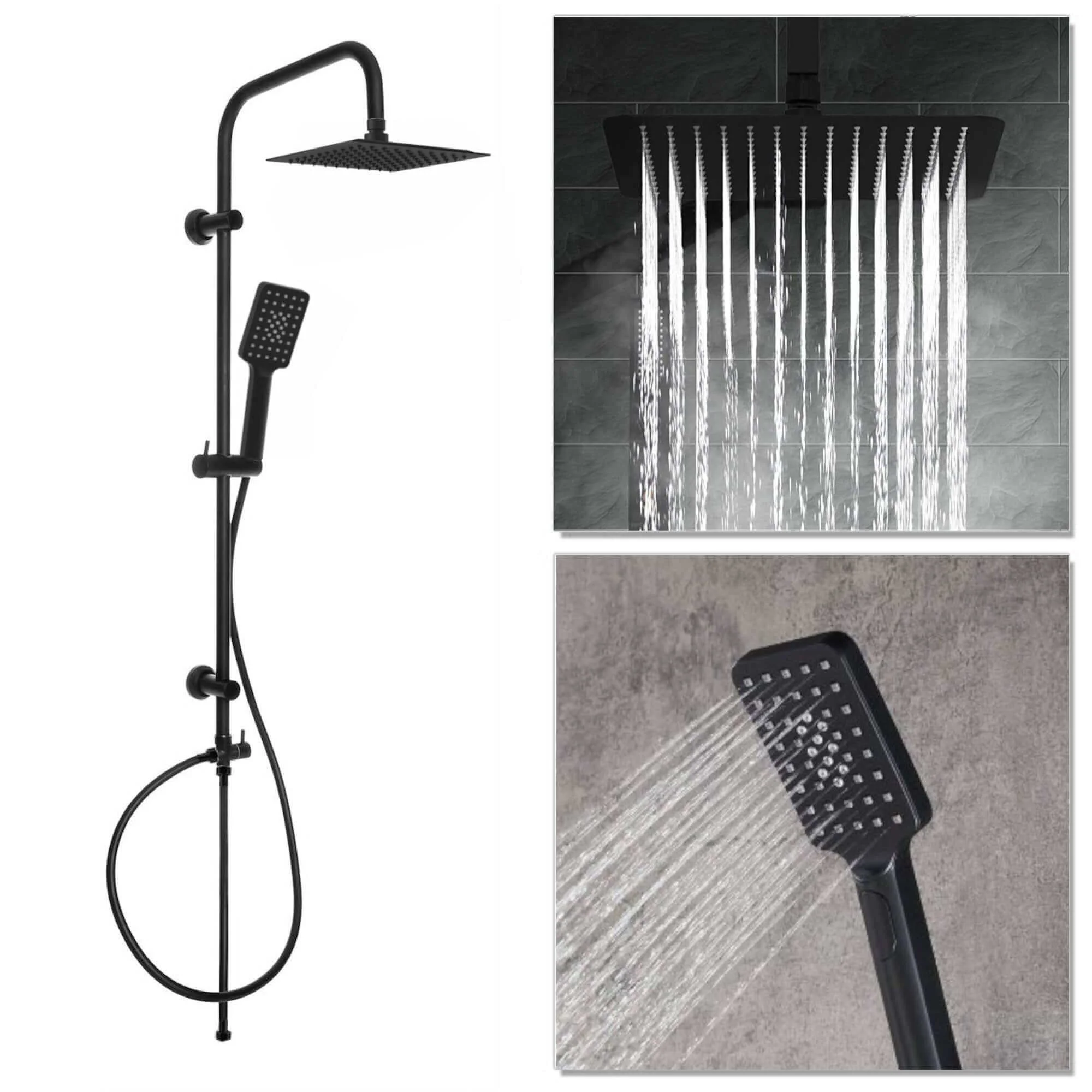 Dune thermostatic bar bath shower mixer valve with dual rigid riser kit, 200mm square overhead rain shower and handheld - matt black - Image 2
