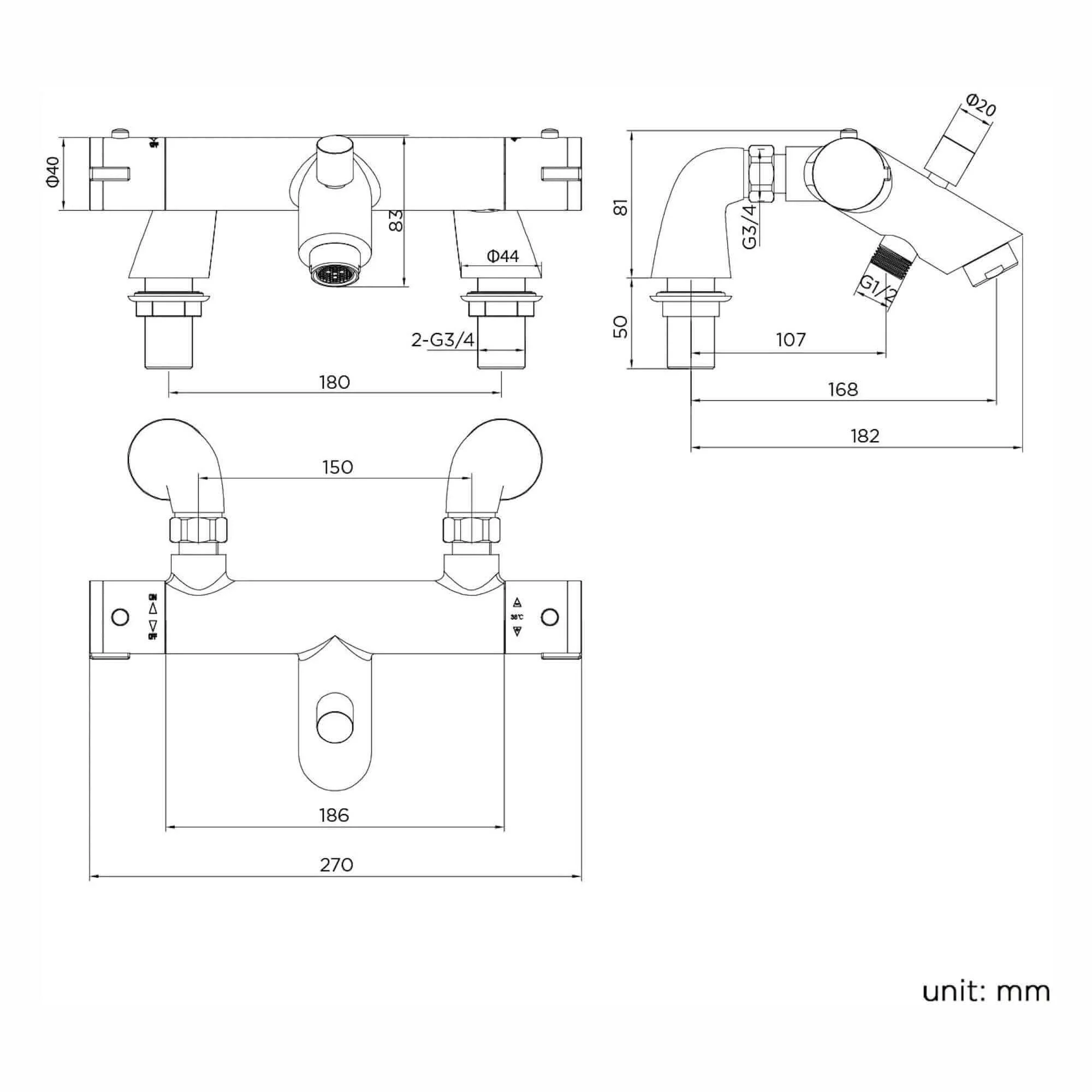 Dune thermostatic bar bath shower mixer valve with dual rigid riser kit, 200mm square overhead rain shower and handheld - matt black - Image 5