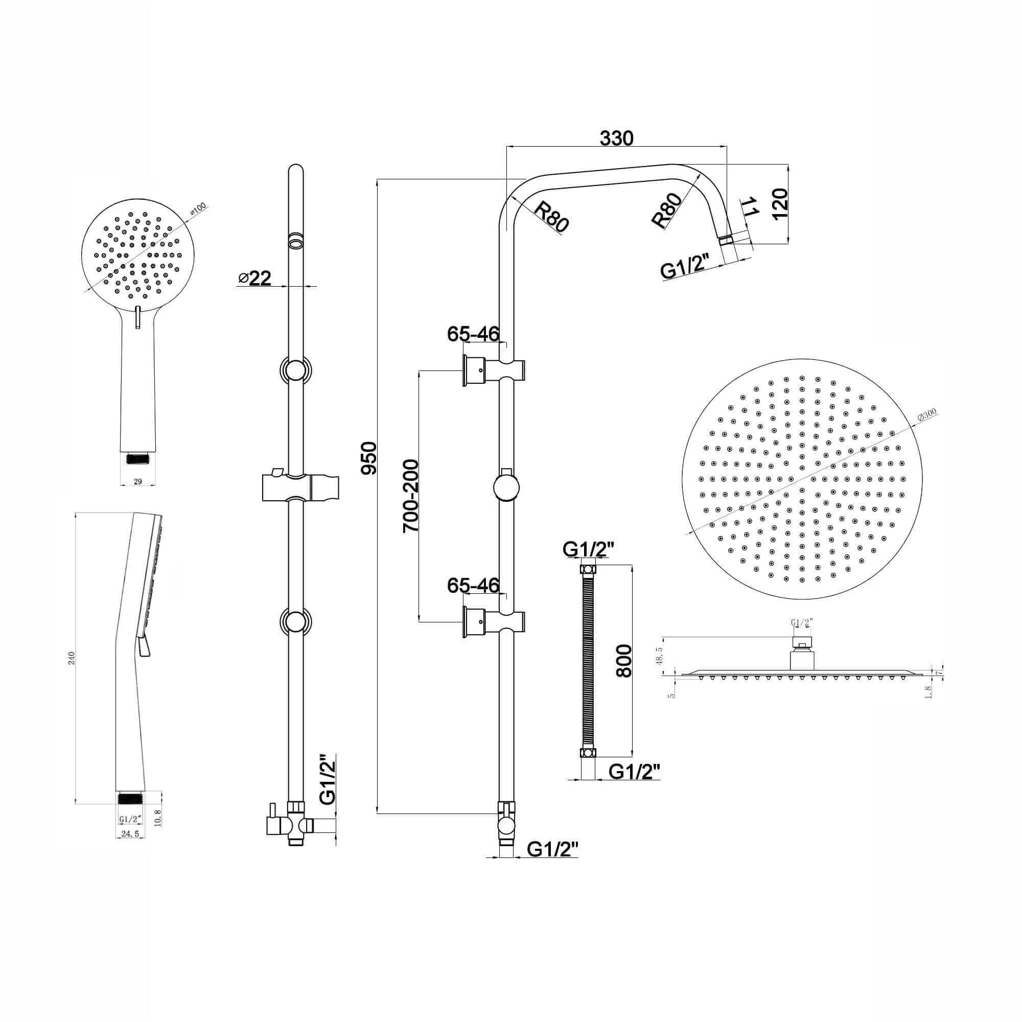 Dune thermostatic bar bath shower mixer valve with dual rigid riser kit, 300mm overhead rain shower and handheld - chrome - Image 9