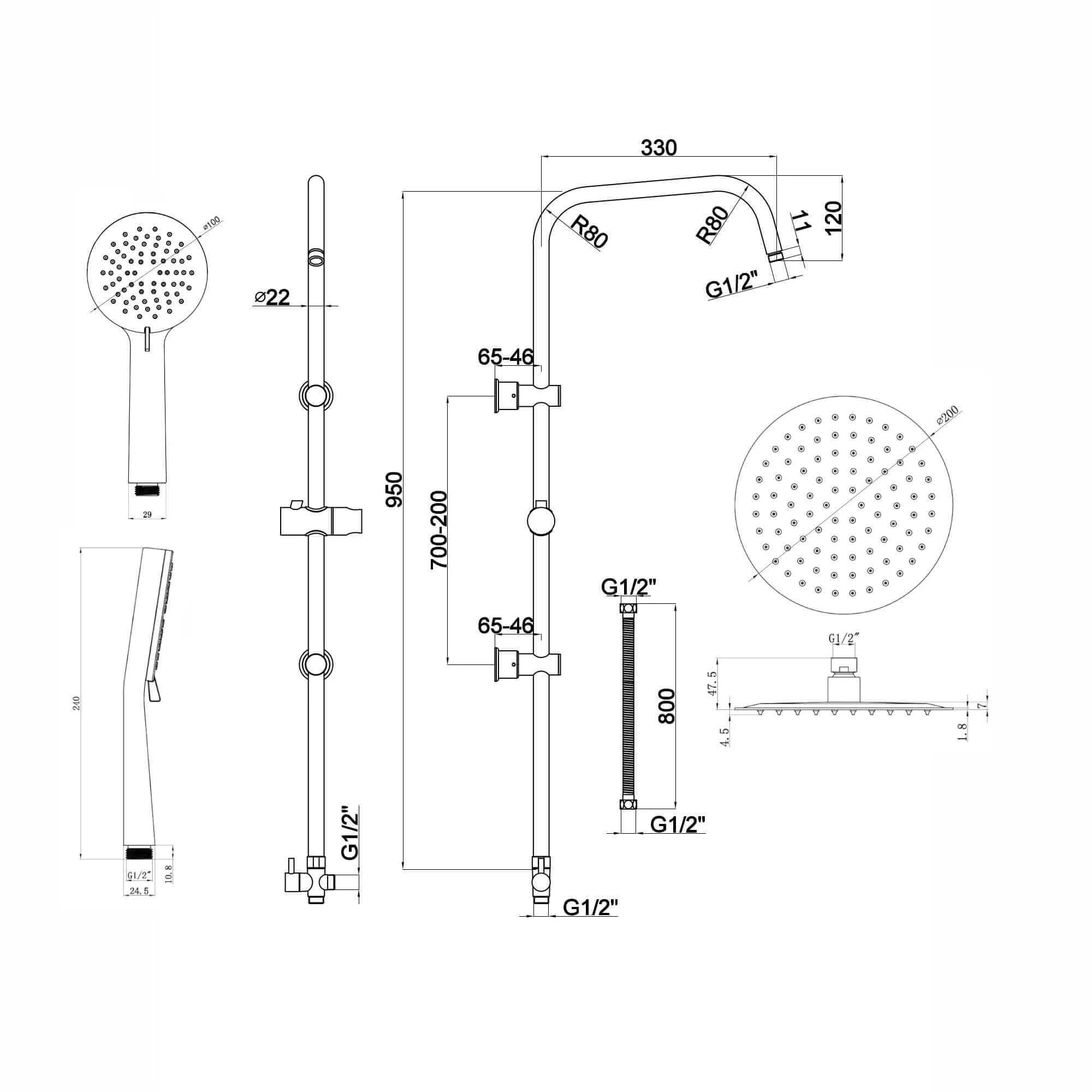 Dune thermostatic bar bath shower mixer valve with dual rigid riser kit, overhead rain shower and handheld - chrome - Image 8
