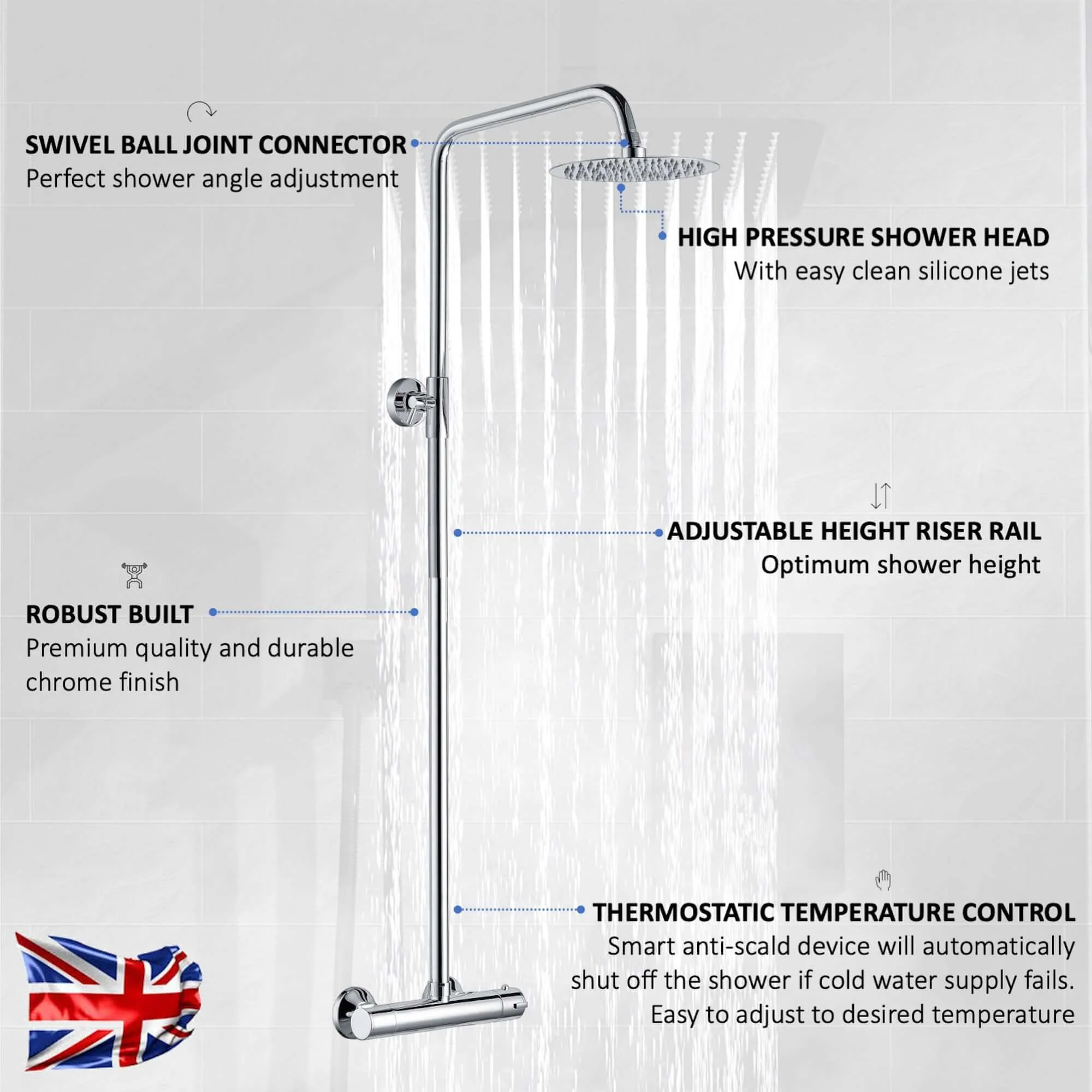 Dune thermostatic bar shower set single outlet with ultra slim 200mm overhead shower - chrome - Image 5