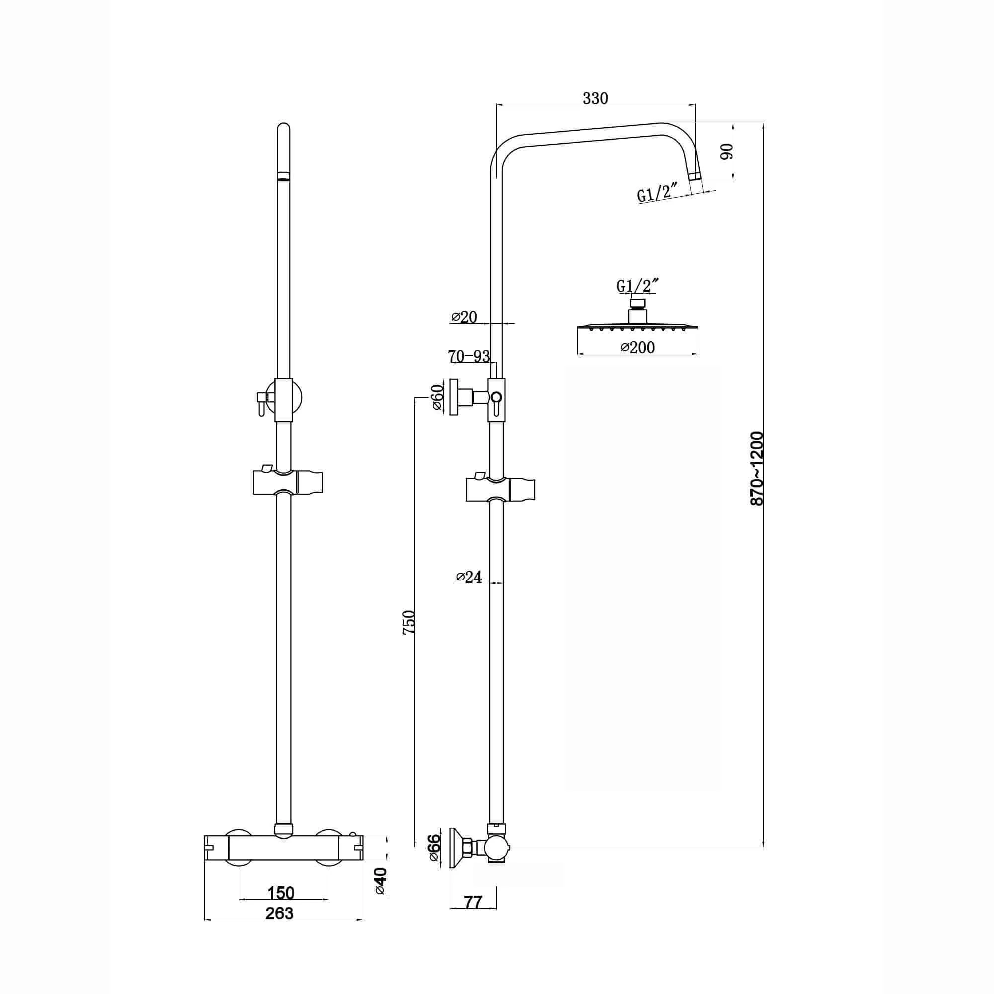 Dune thermostatic bar shower set single outlet with ultra slim 200mm overhead shower - chrome - Image 6