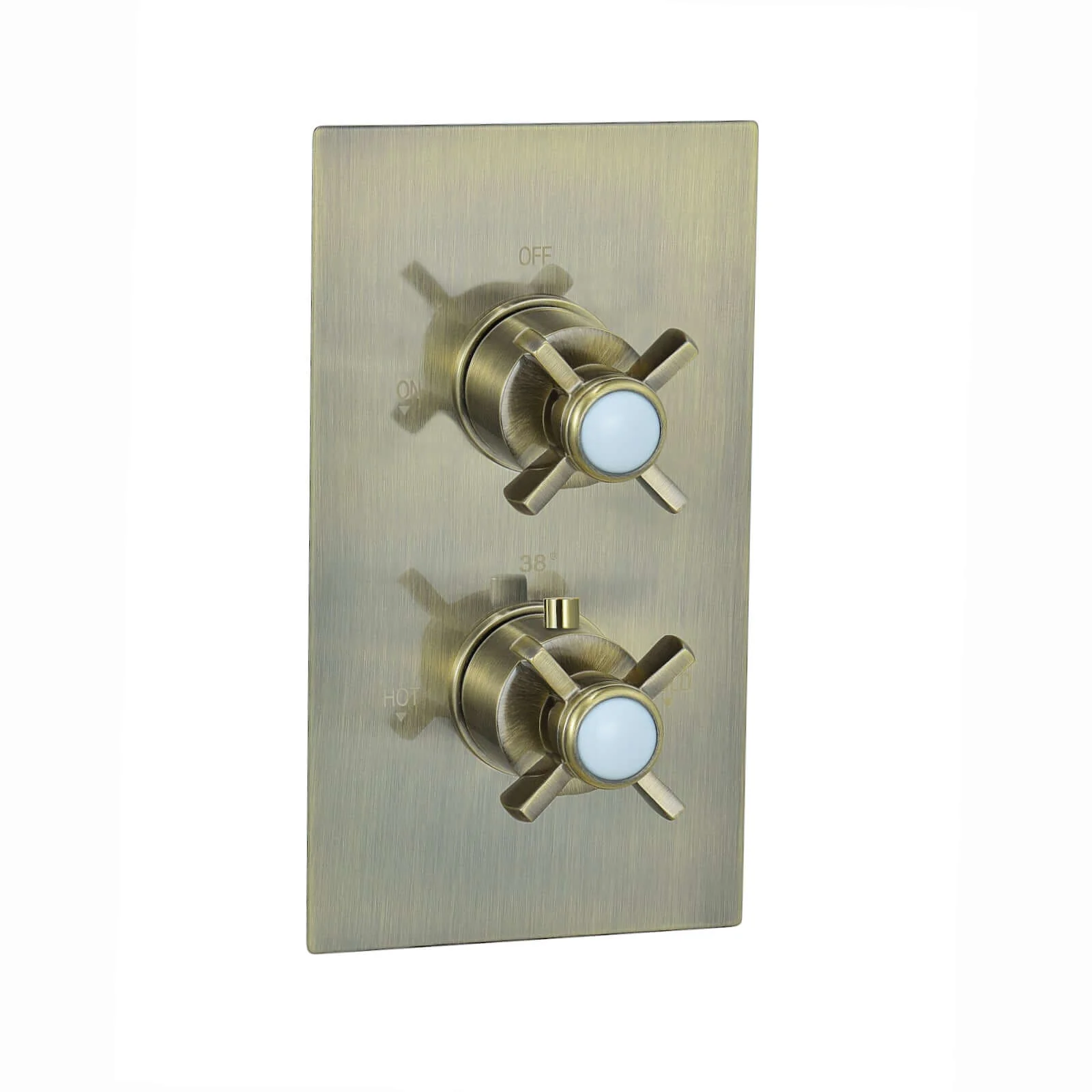 Edwardian traditional crosshead and white detail concealed thermostatic twin shower valve with 2 outlets - antique brass