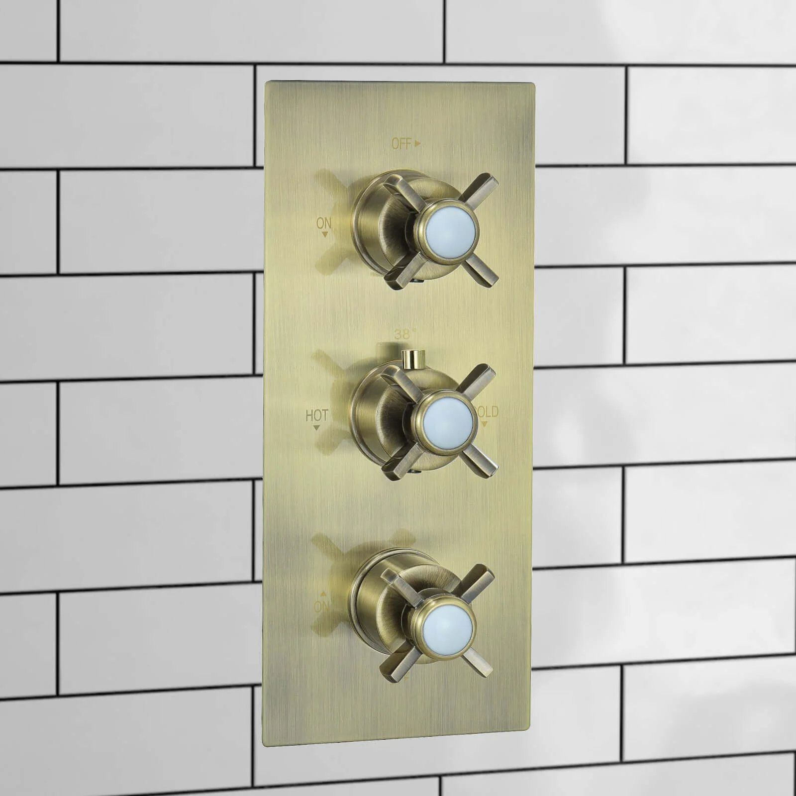Edwardian traditional crosshead and white details concealed thermostatic triple shower valve with 3 outlets - antique brass - Image 5