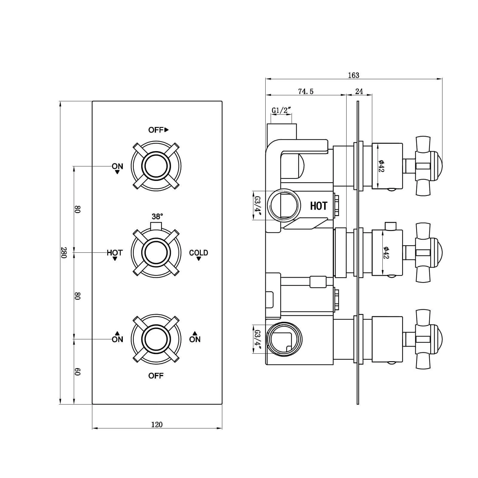 Edwardian traditional crosshead and white details concealed thermostatic triple shower valve with 3 outlets - antique brass - Image 6