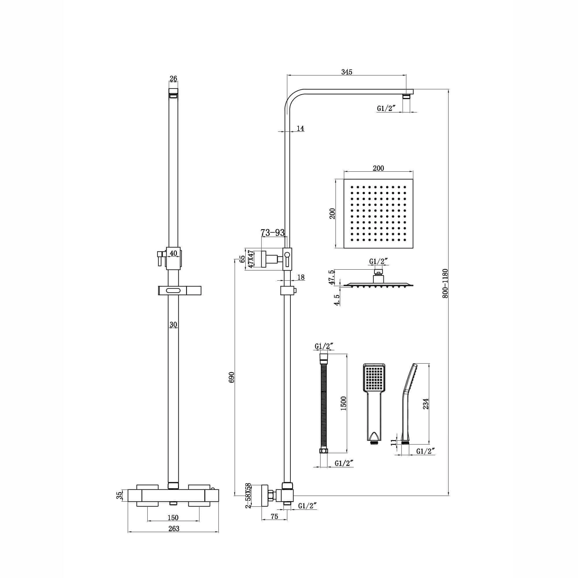Enzo square thermostatic shower set two outlet with ultra slim 200mm shower head and handheld - matt black - Image 6
