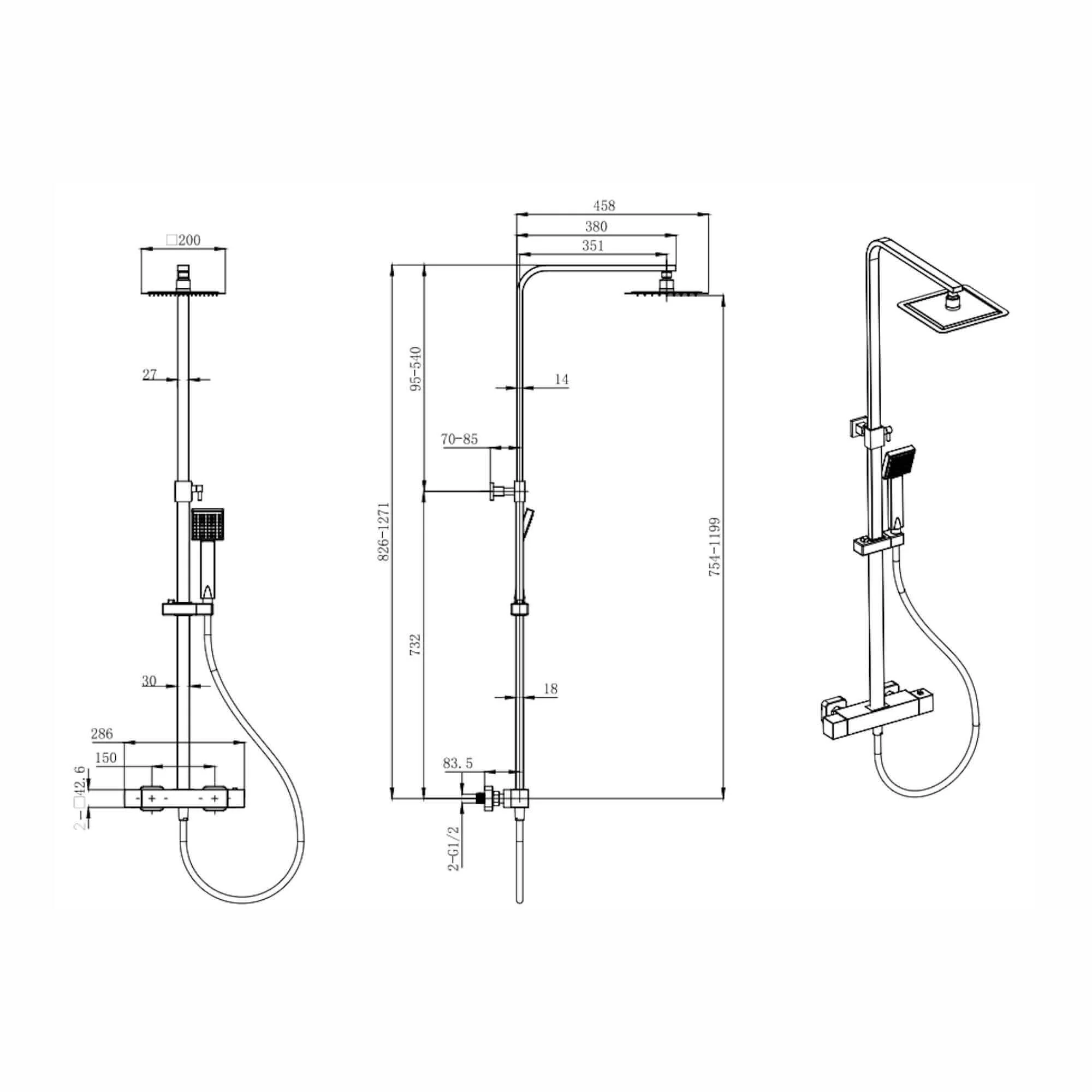 Enzo square thermostatic shower set two outlet with ultra slim 200mm shower head and handheld - gunmetal grey - Image 4