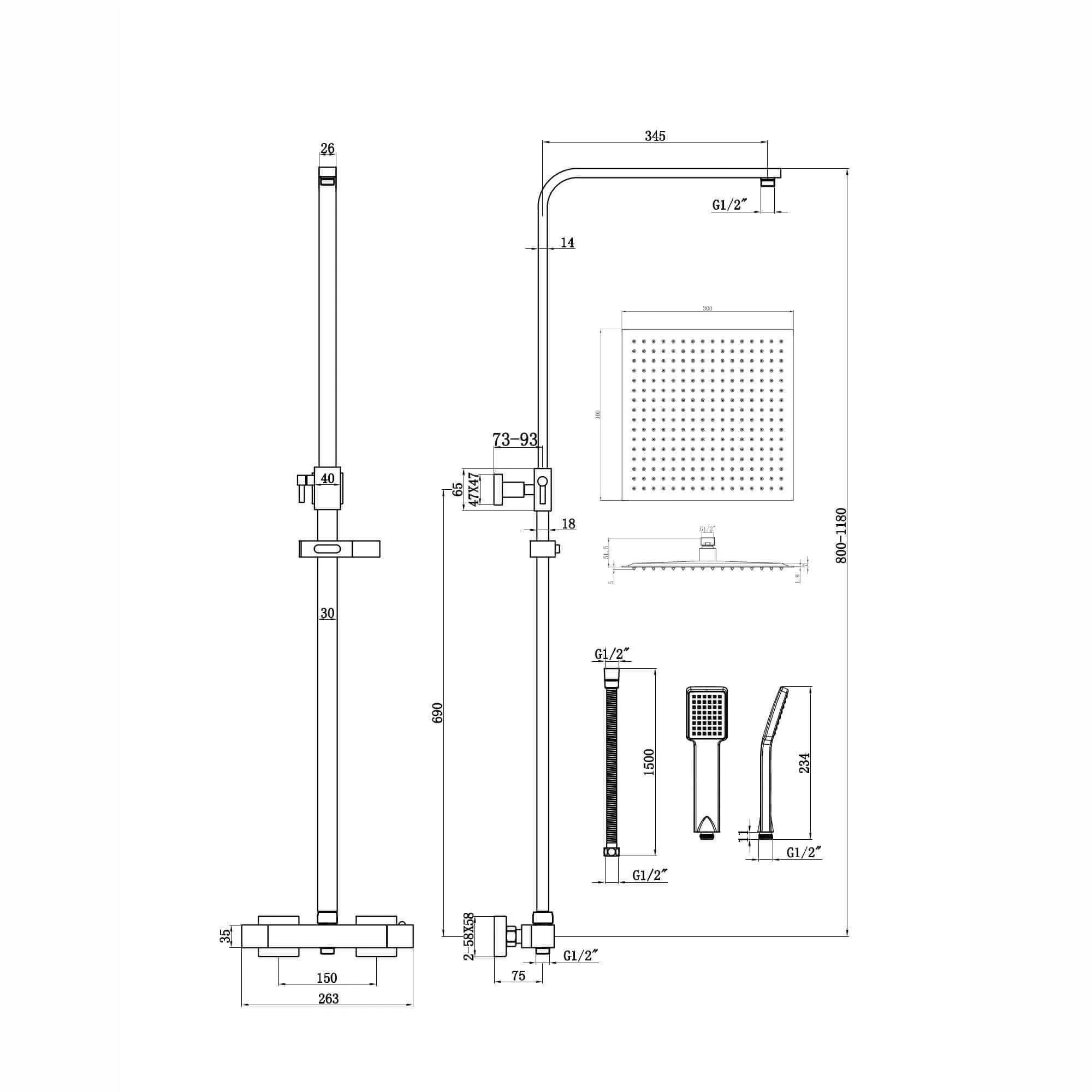Enzo square thermostatic shower set two outlet with ultra slim 300mm shower head and handheld - matt black - Image 6
