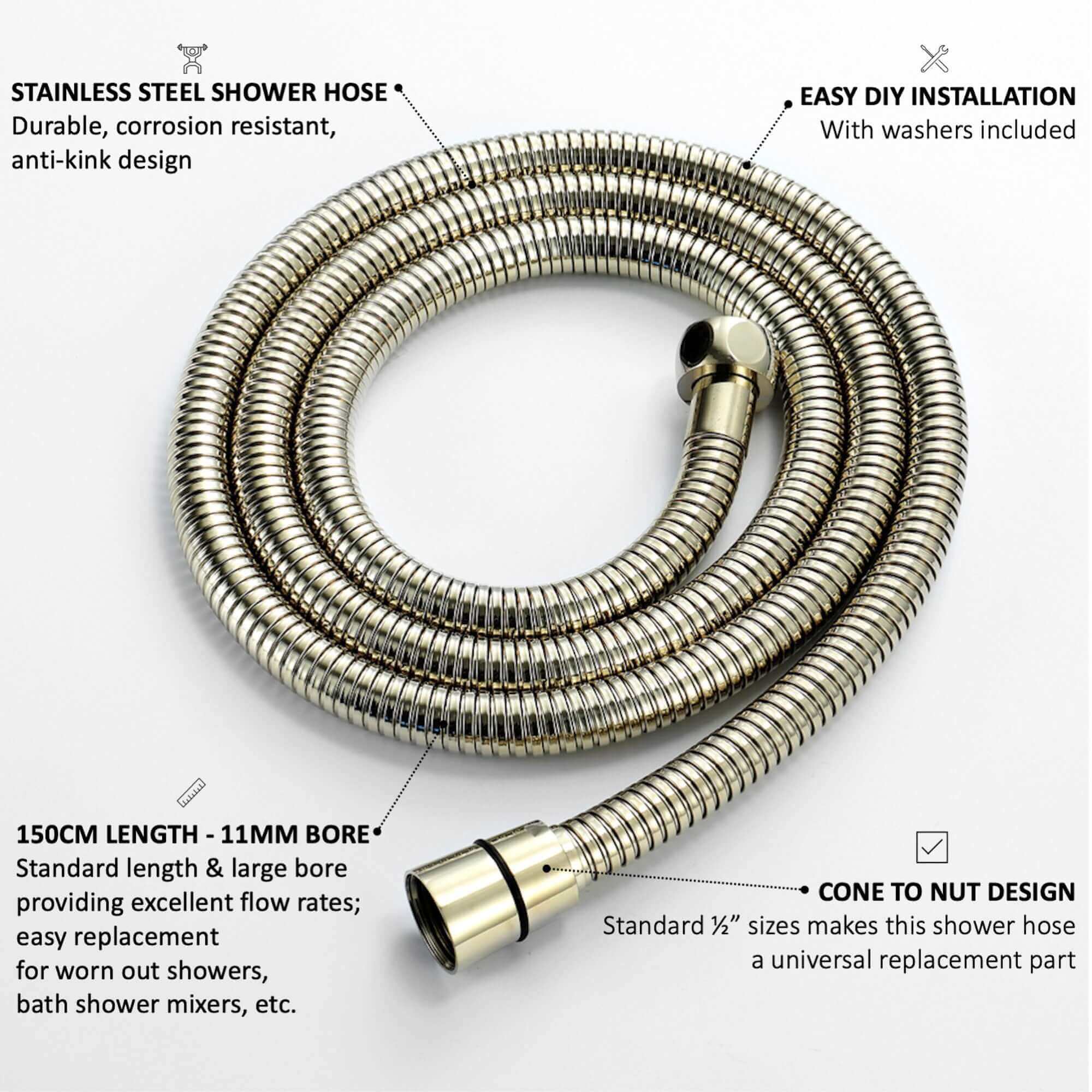 Flex shower hose stainless steel 1.5m large bore - gold - Image 6