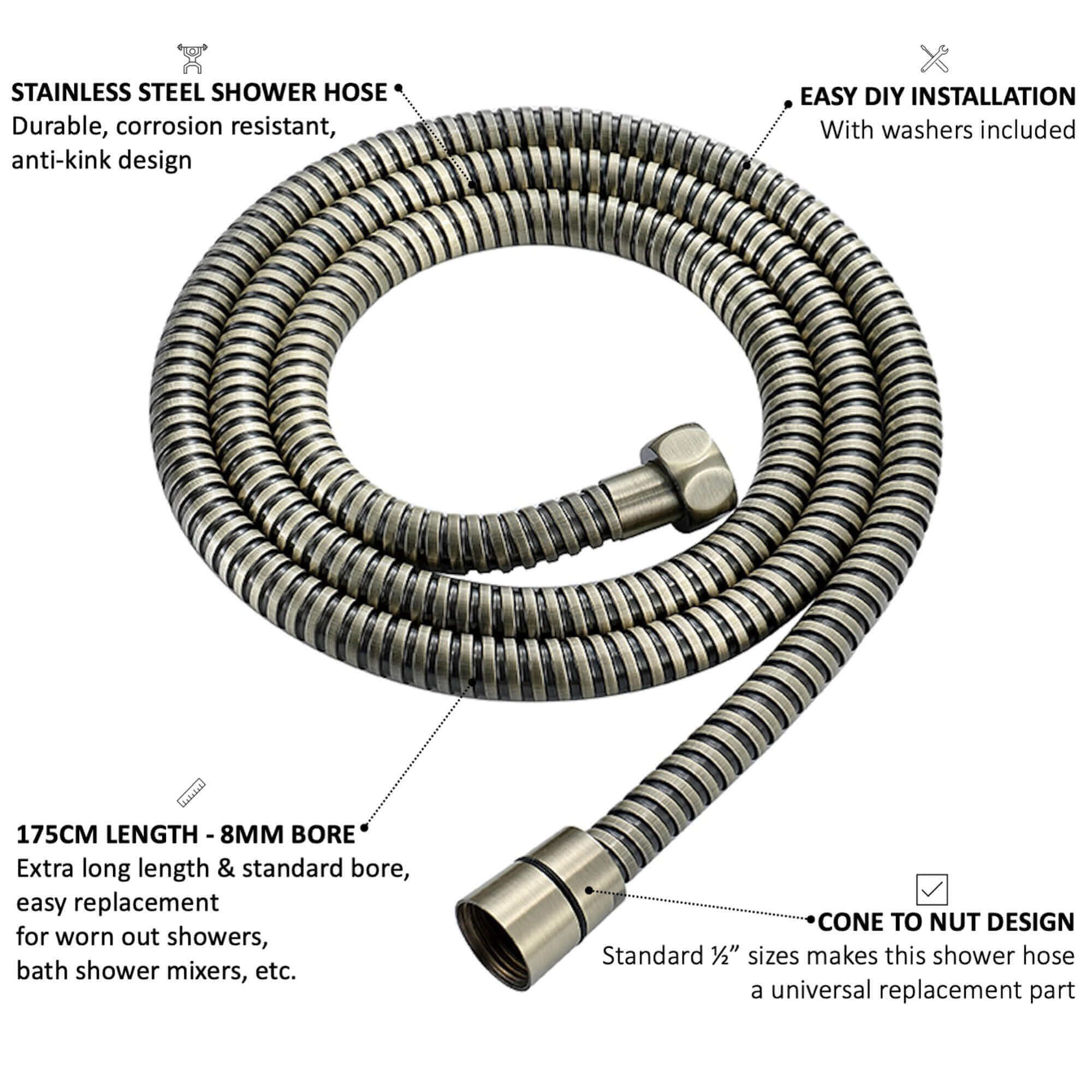 Flex shower hose stainless steel 1.75m standard bore - antique brass - Image 6