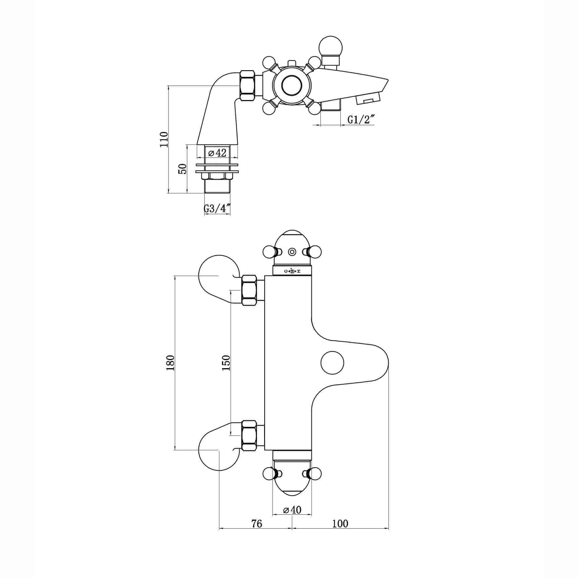 Gallant thermostatic bath shower bar mixer valve deck mounted with dual rigid riser kit, overhead rain shower and handheld - antique brass - Image 4