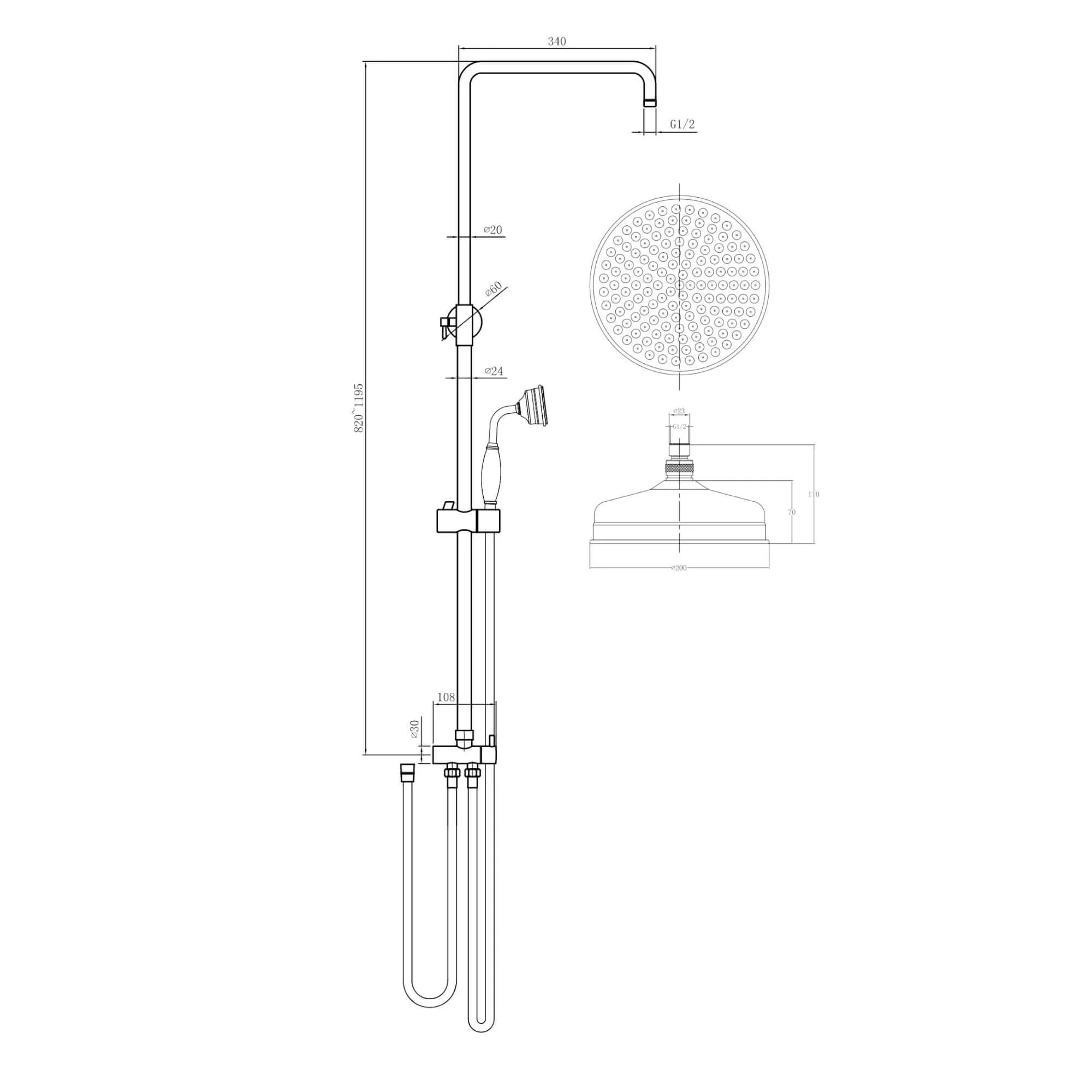 Gallant thermostatic bath shower bar mixer valve deck mounted with dual rigid riser kit, overhead rain shower and handheld - antique brass - Image 5