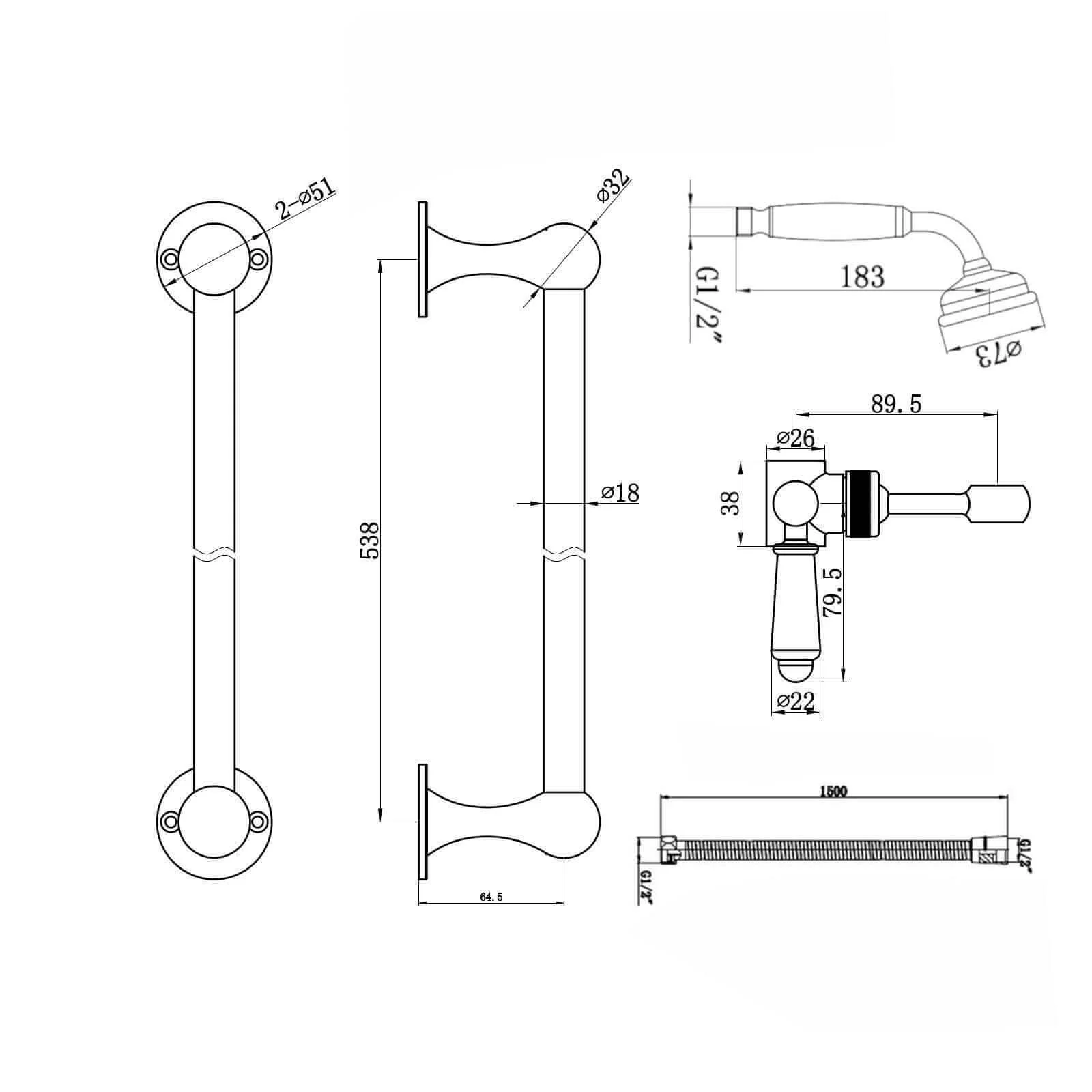 Gallant traditional thermostatic bath shower bar mixer valve deck mounted with slider rail kit - chrome - Image 6