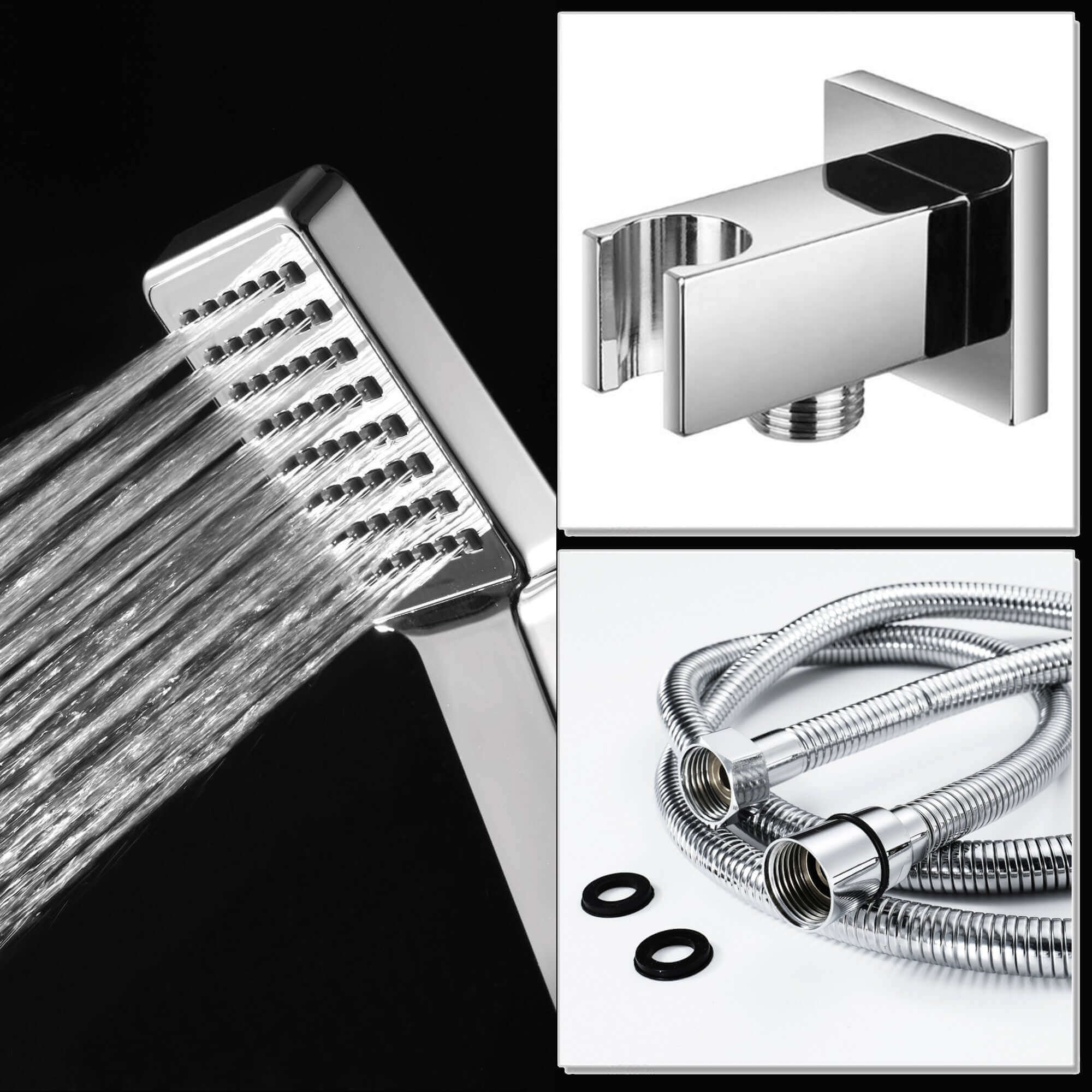 Square Paddle Hand Shower Kit incl. Hose and Wall Bracket with Outlet - Chrome - Image 2