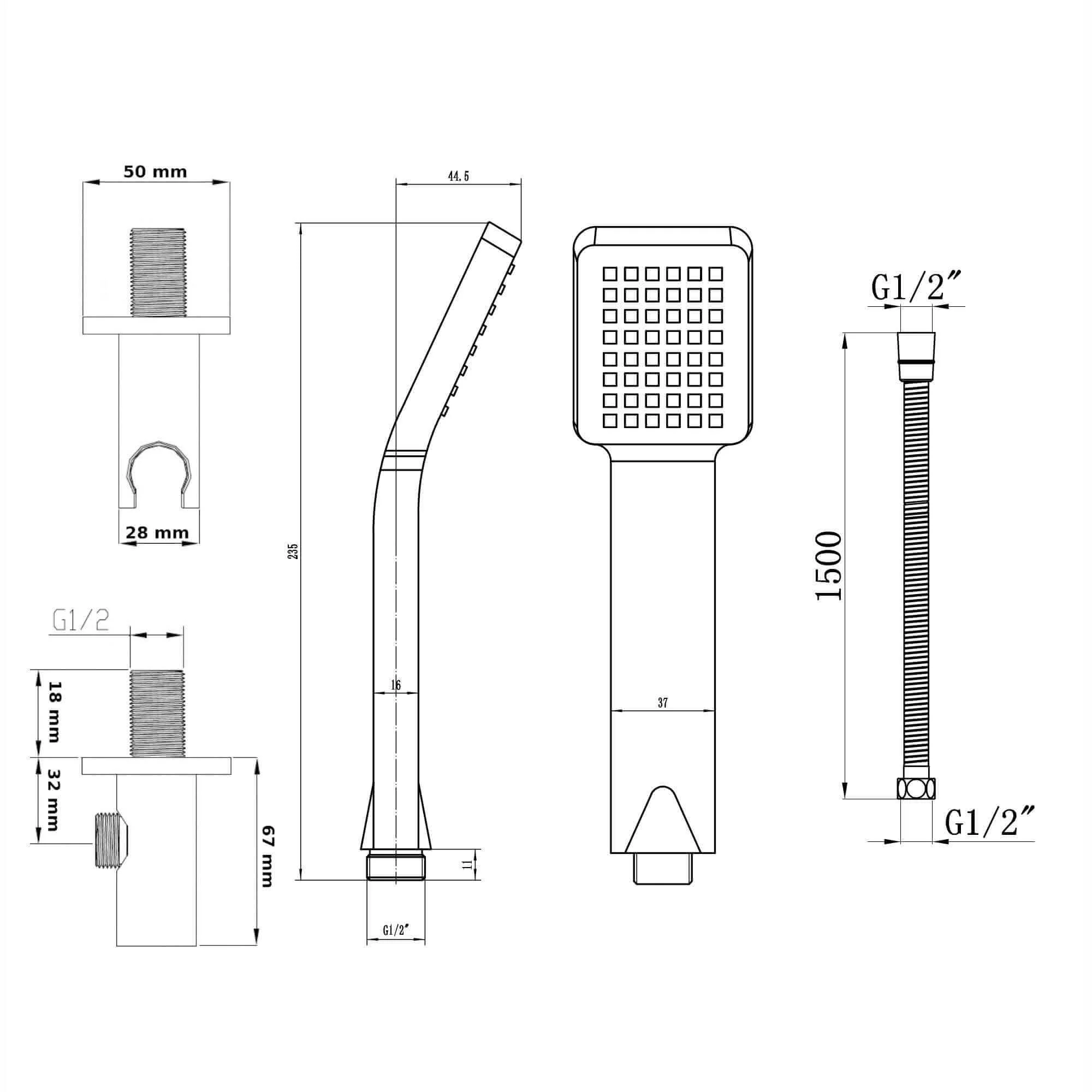 Square Paddle Hand Shower Kit incl. Hose and Wall Bracket with Outlet - Chrome - Image 7