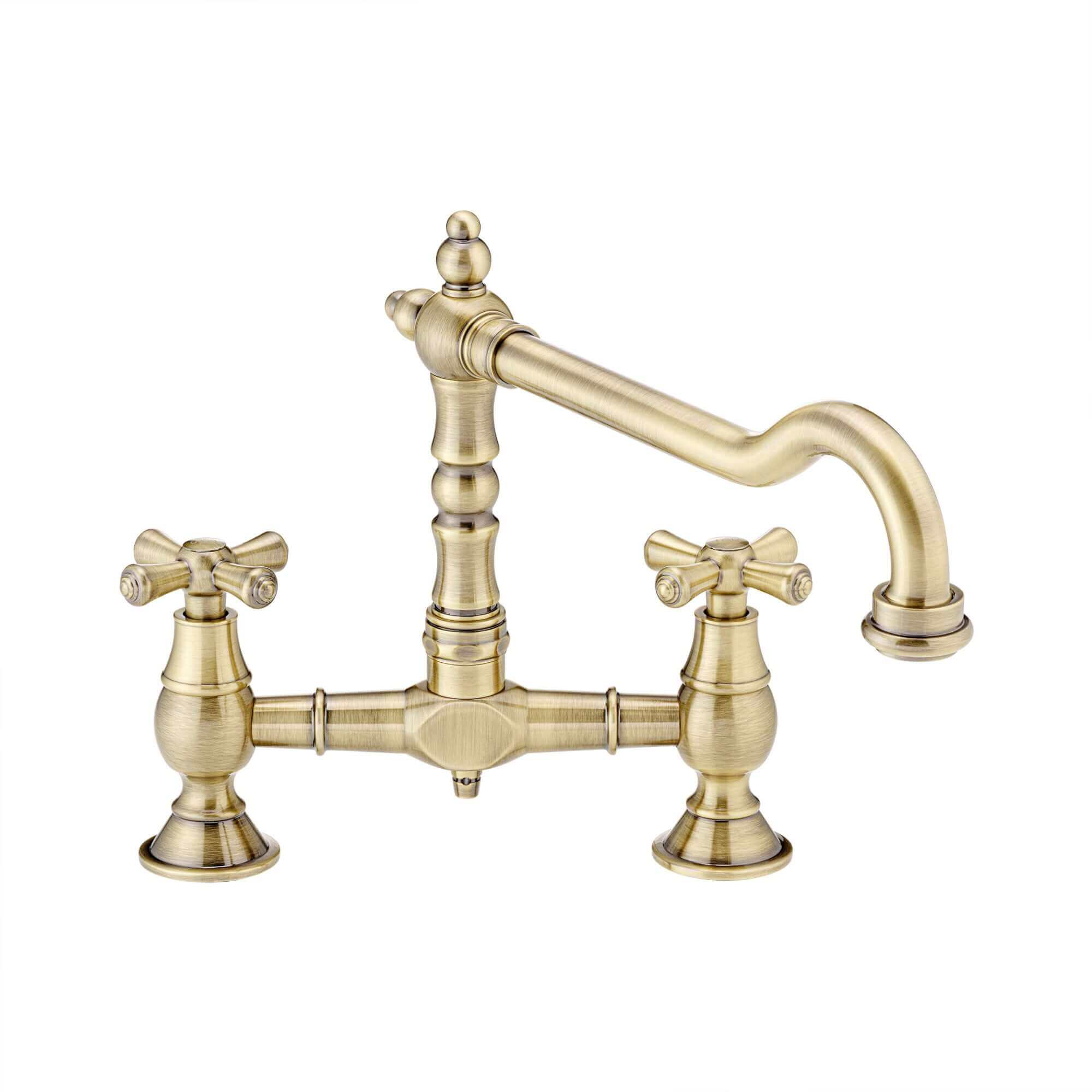 Langley traditional bridge kitchen sink mixer tap colonial crosshead - antique brass - Image 7