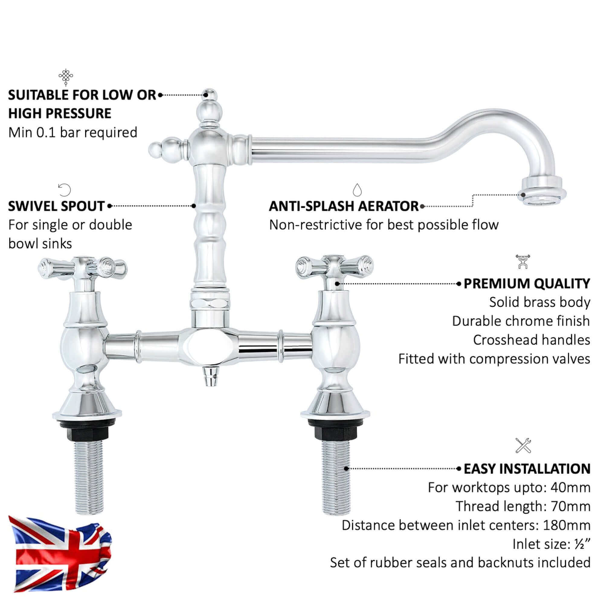 Langley traditional bridge kitchen sink mixer tap colonial crosshead - chrome - Image 3