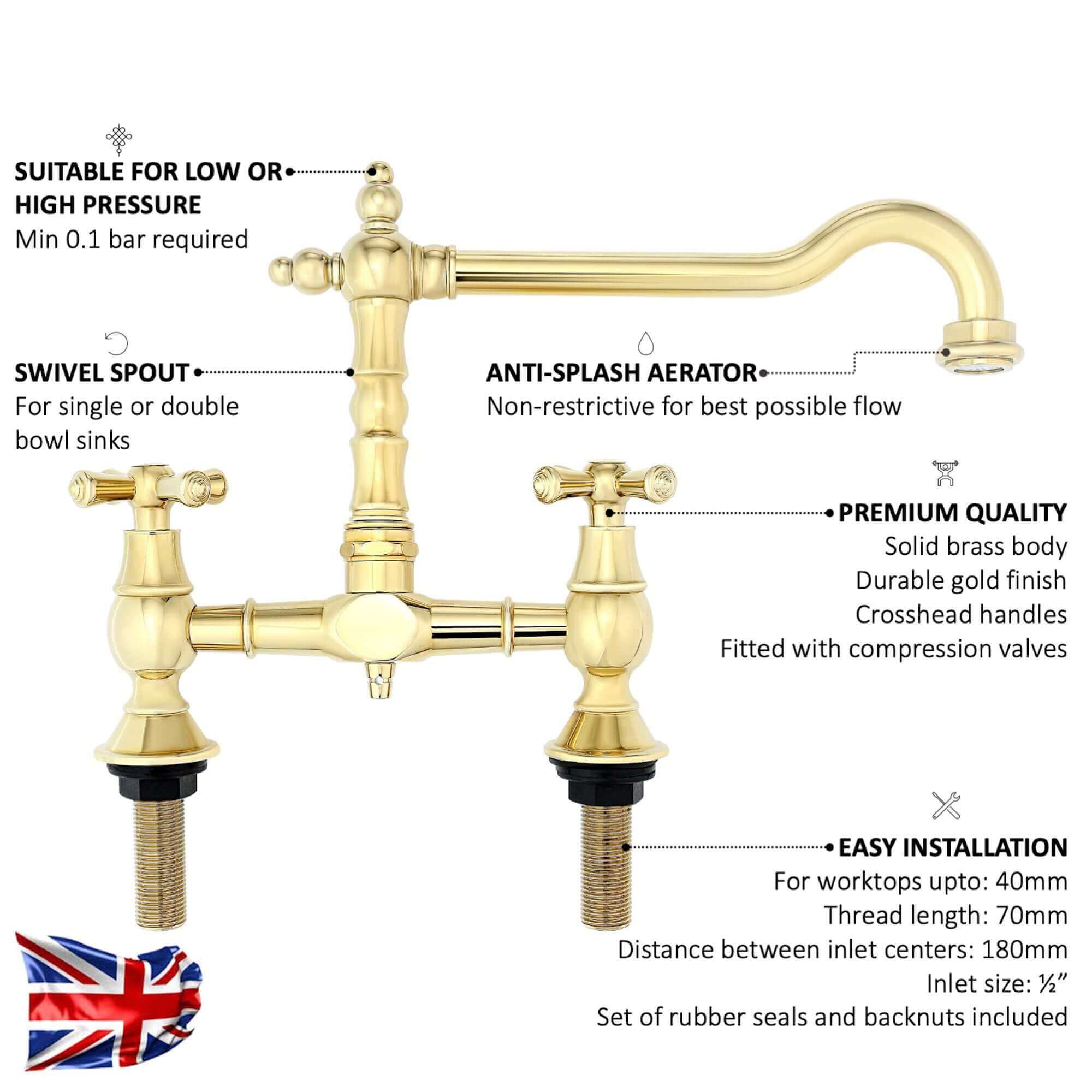 Langley traditional bridge kitchen sink mixer tap colonial crosshead - gold - Image 3